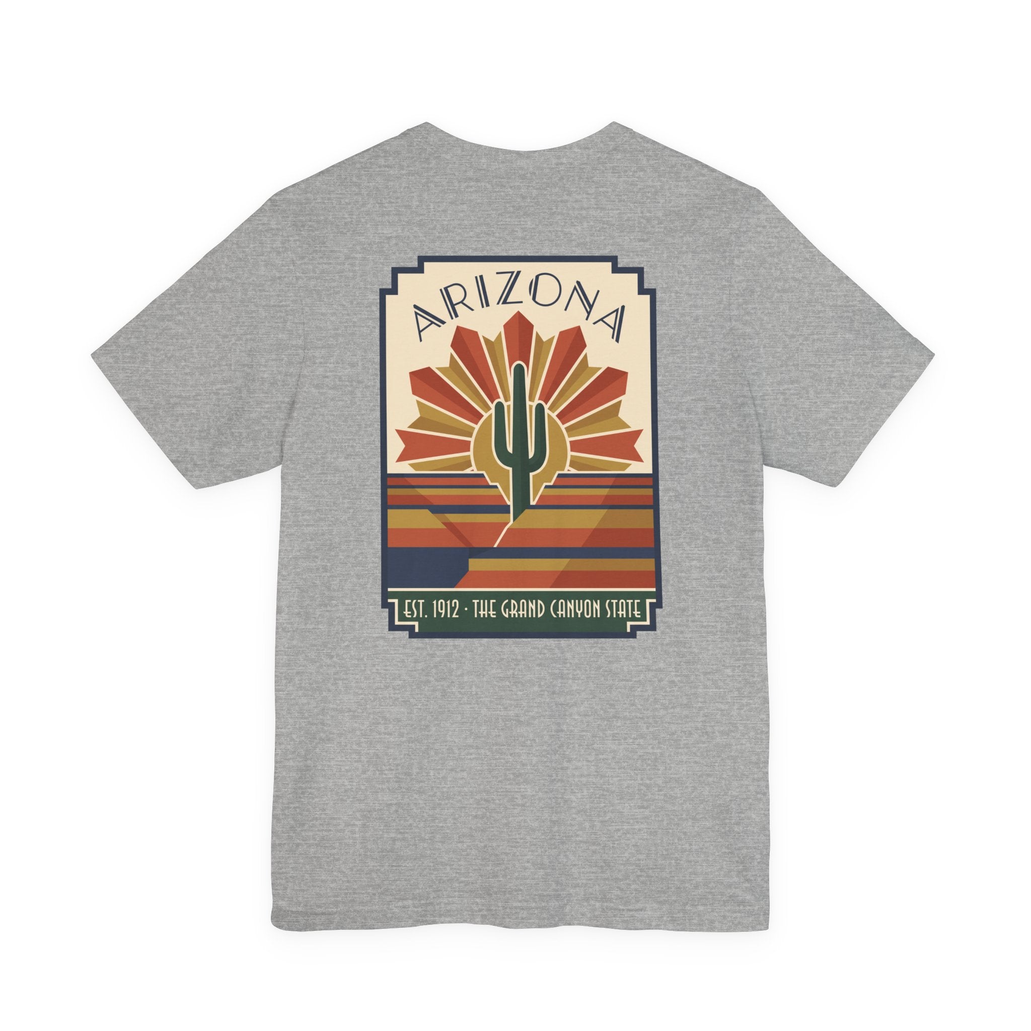 Heather gray t-shirt with Arizona cactus art graphic and striped sunrise