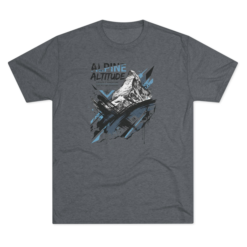 Dark gray T-shirt with mountain peak graphic and blue accent paint splashes