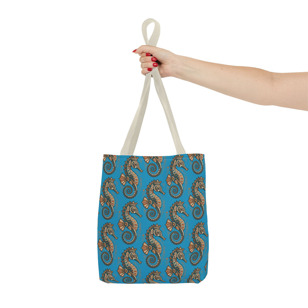 Blue tote bag with steampunk seahorse pattern and beige long handles