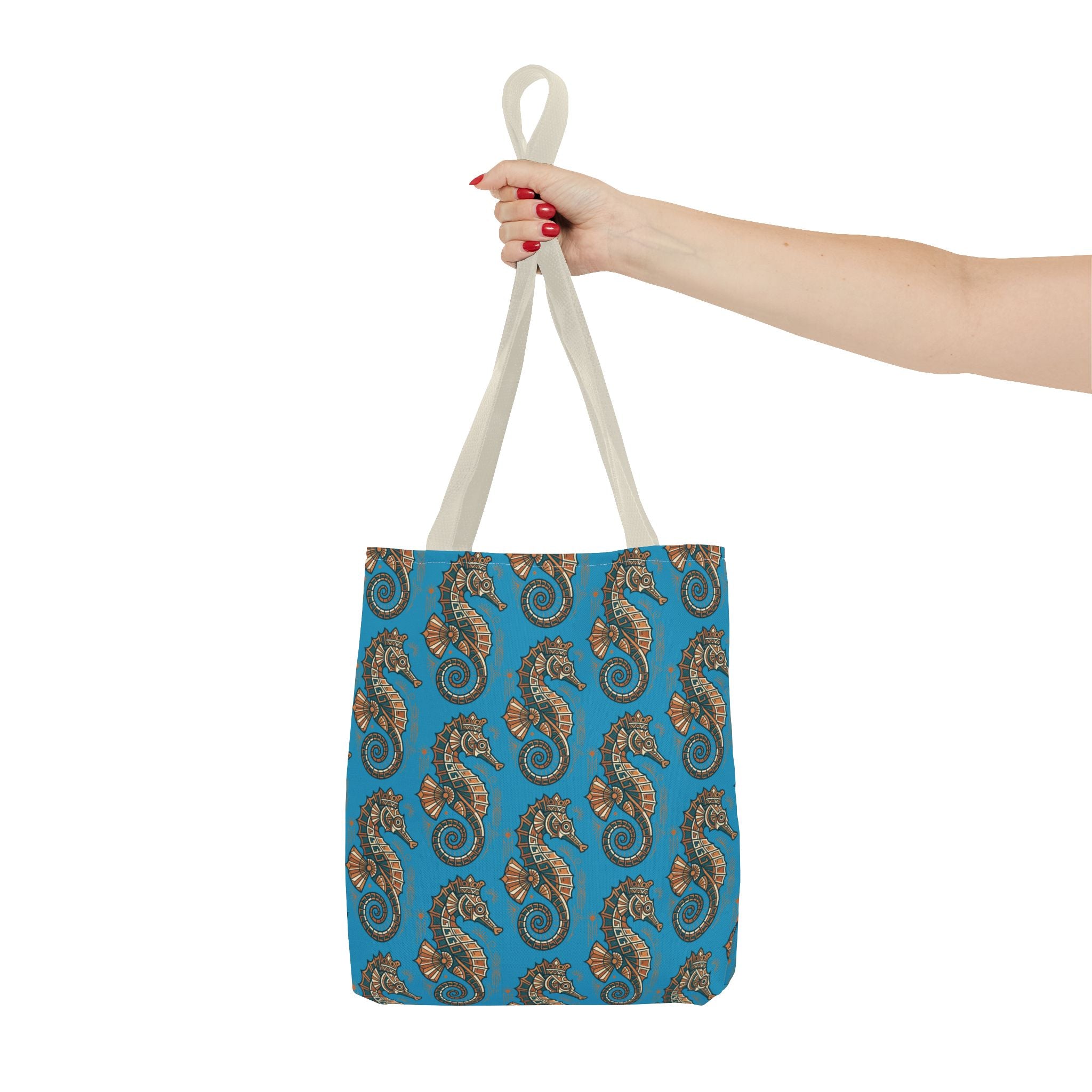 Blue tote bag with steampunk seahorse pattern and beige long handles