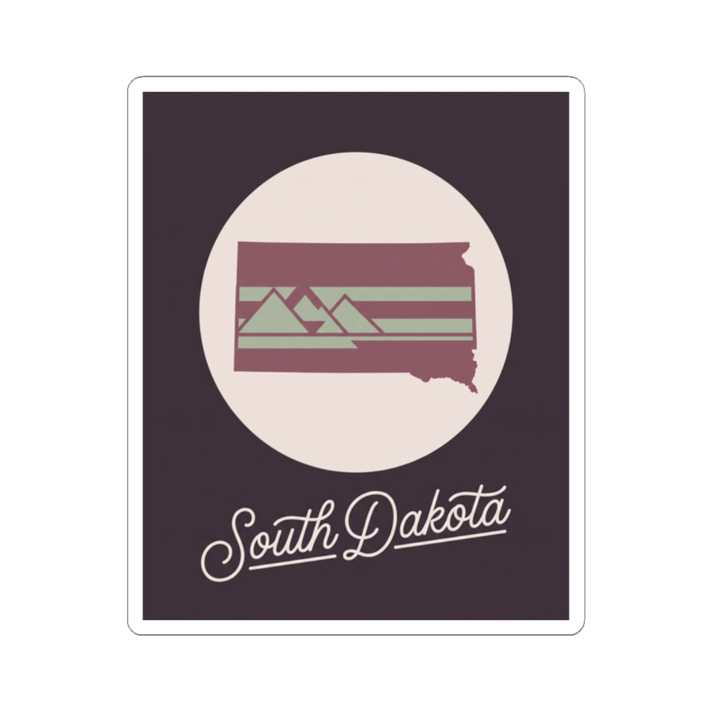 South Dakota kiss-cut decal with dark purple rectangle, cream circle, and state silhouette banner