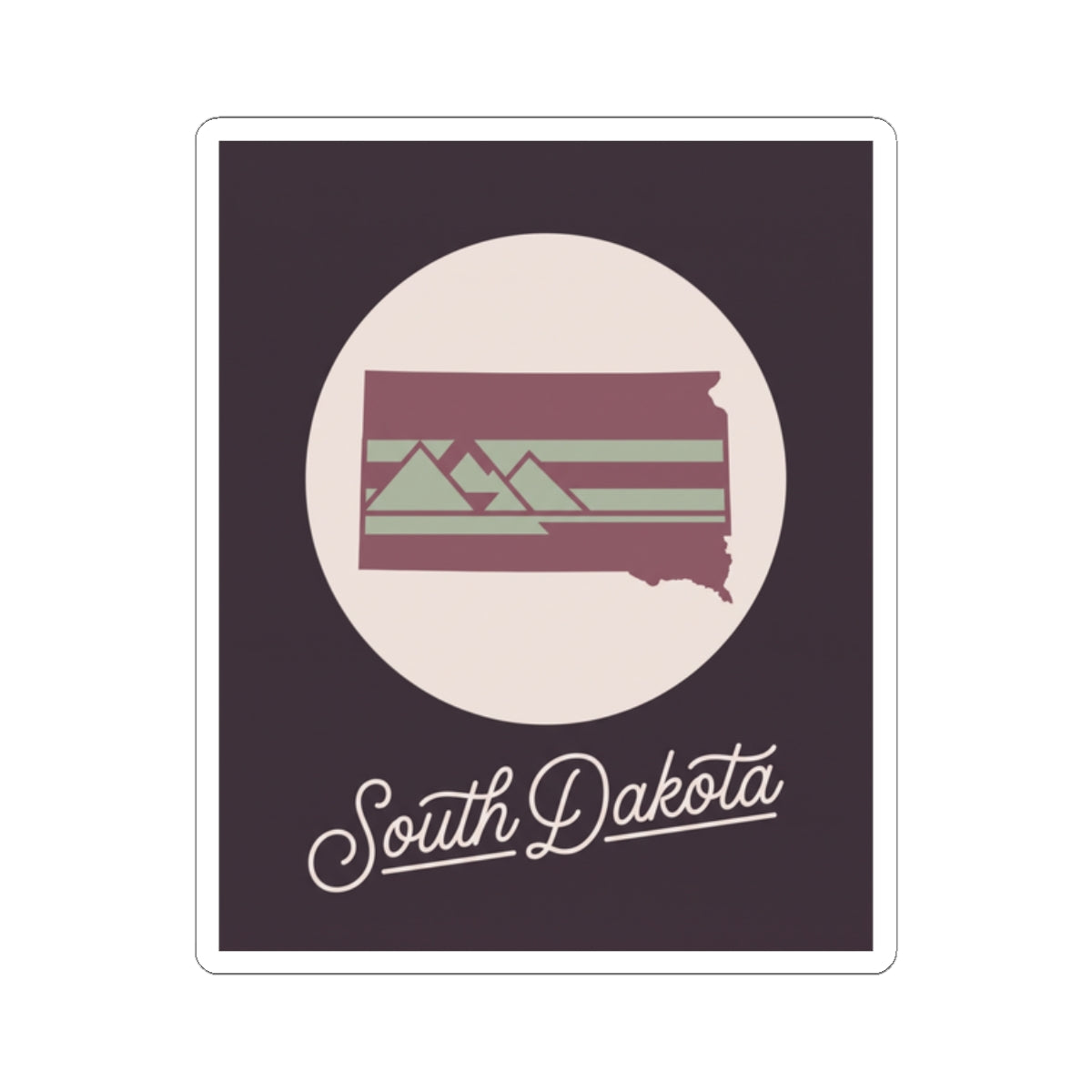 South Dakota kiss-cut decal with dark purple rectangle, cream circle, and state silhouette banner
