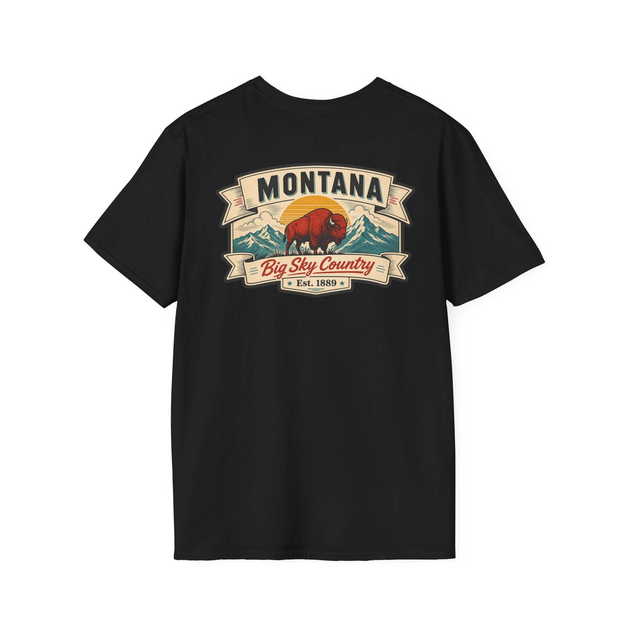 Black Montana bison travel T-shirt with 'MONTANA' and 'Big Sky Country' graphic