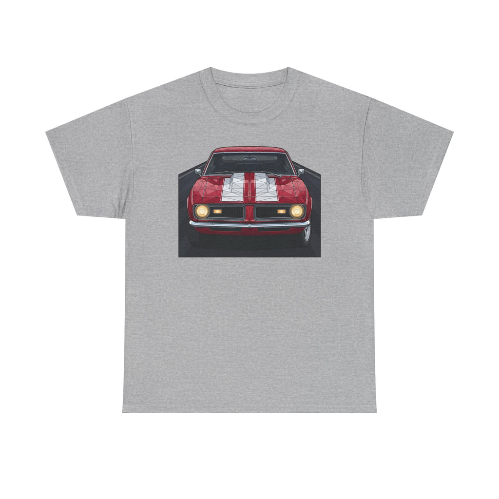 Light gray vintage muscle car graphic T-shirt with front view red car illustration