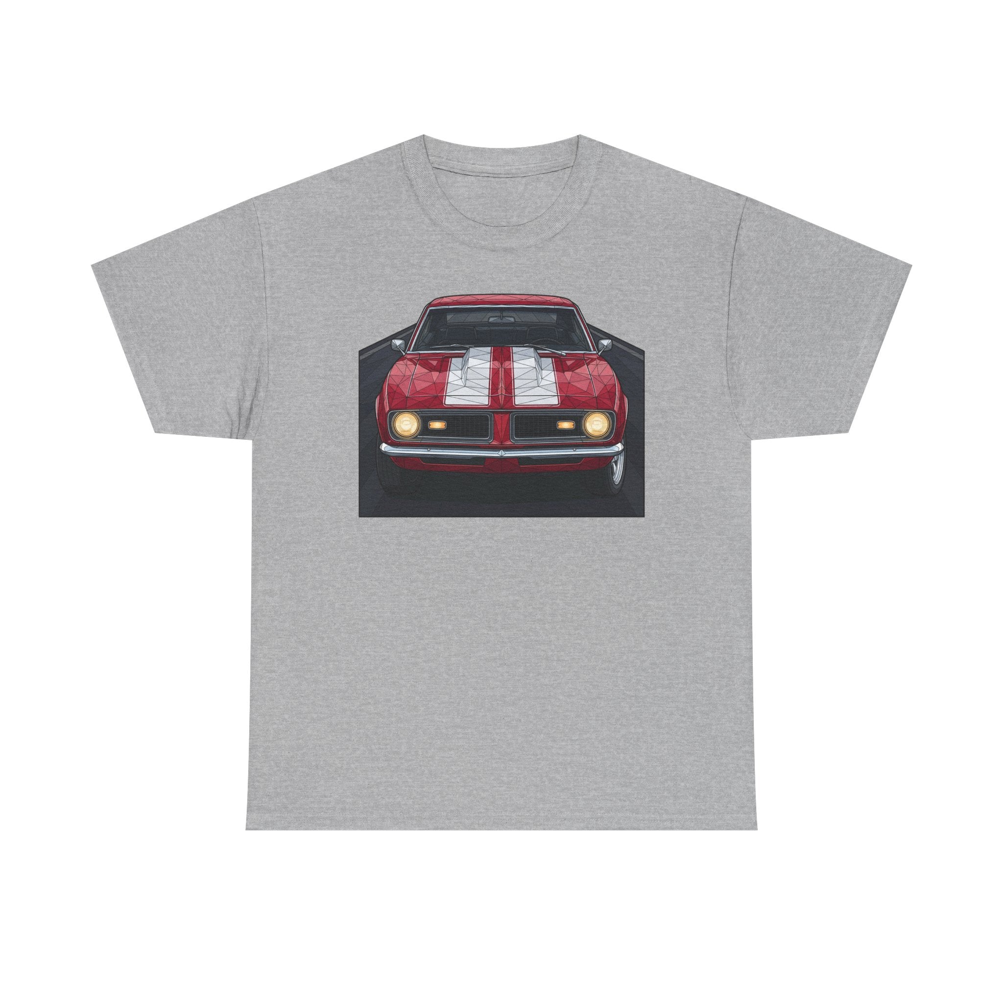 Light gray vintage muscle car graphic T-shirt with front view red car illustration