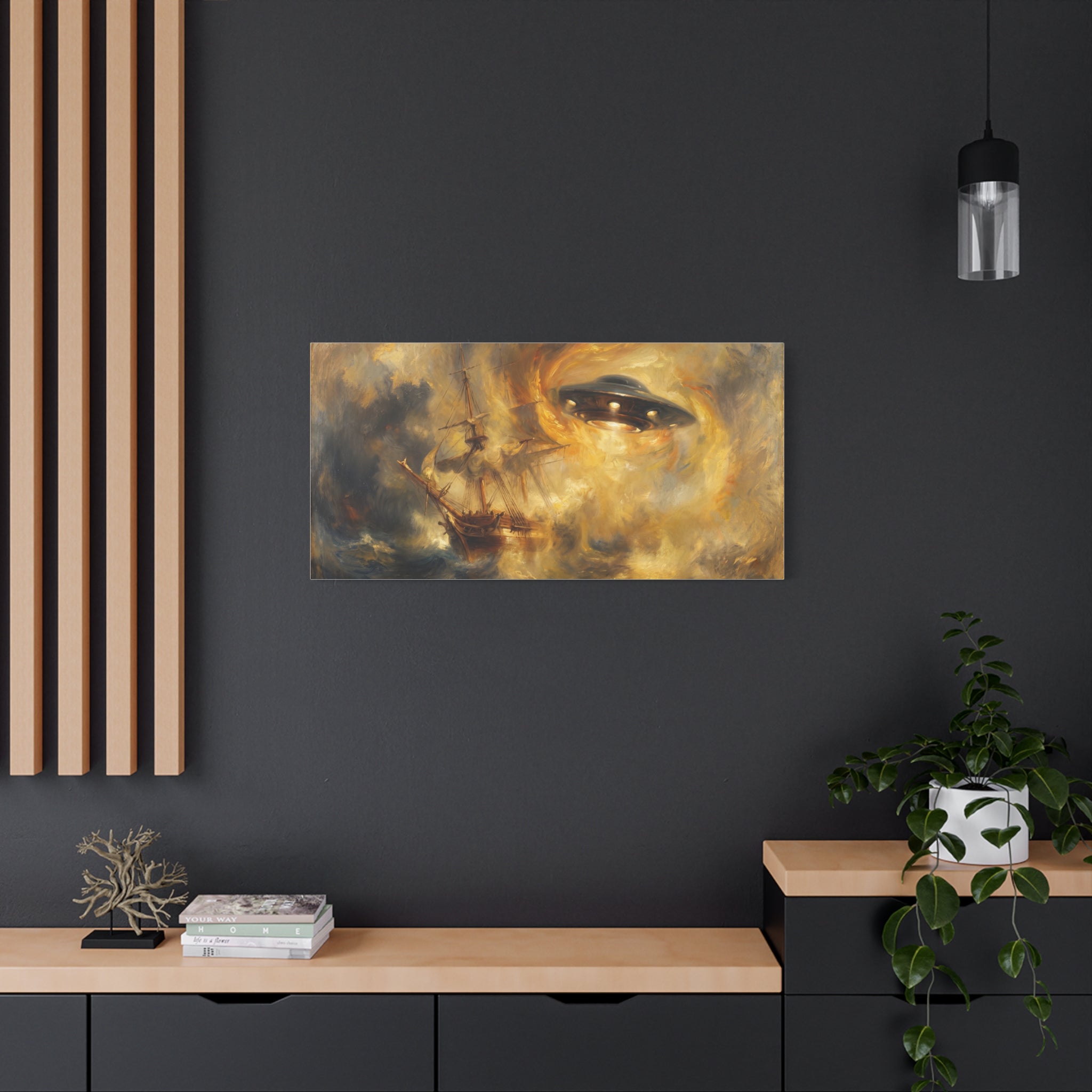 Small horizontal canvas print with glowing UFO eye over stormy sailboat, golden-gray
