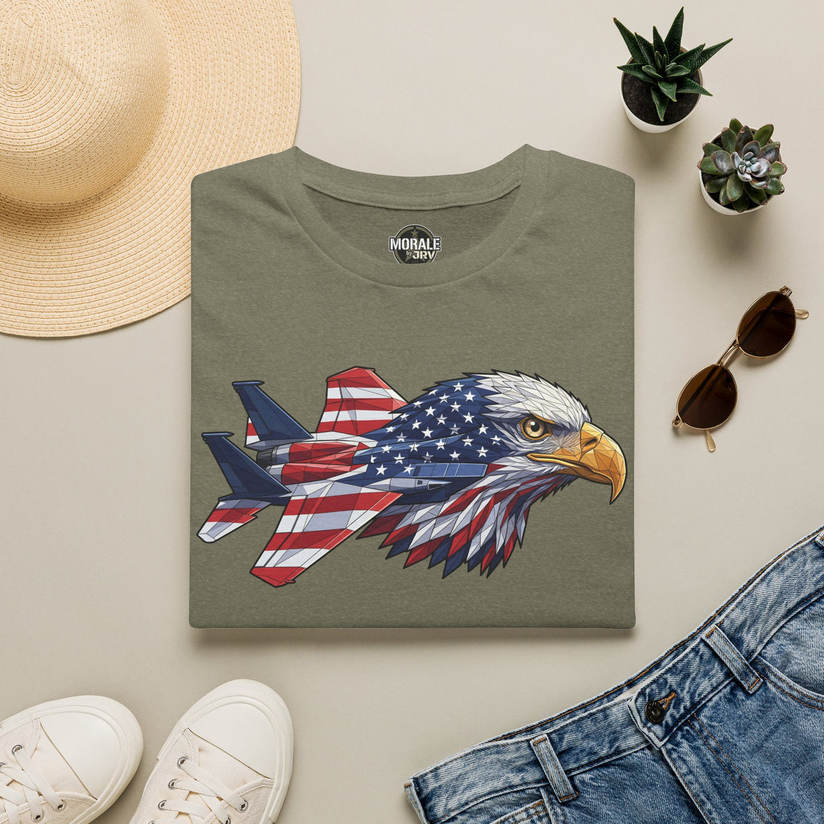 Olive green crewneck t-shirt with bald eagle graphic over American flag stars and stripes