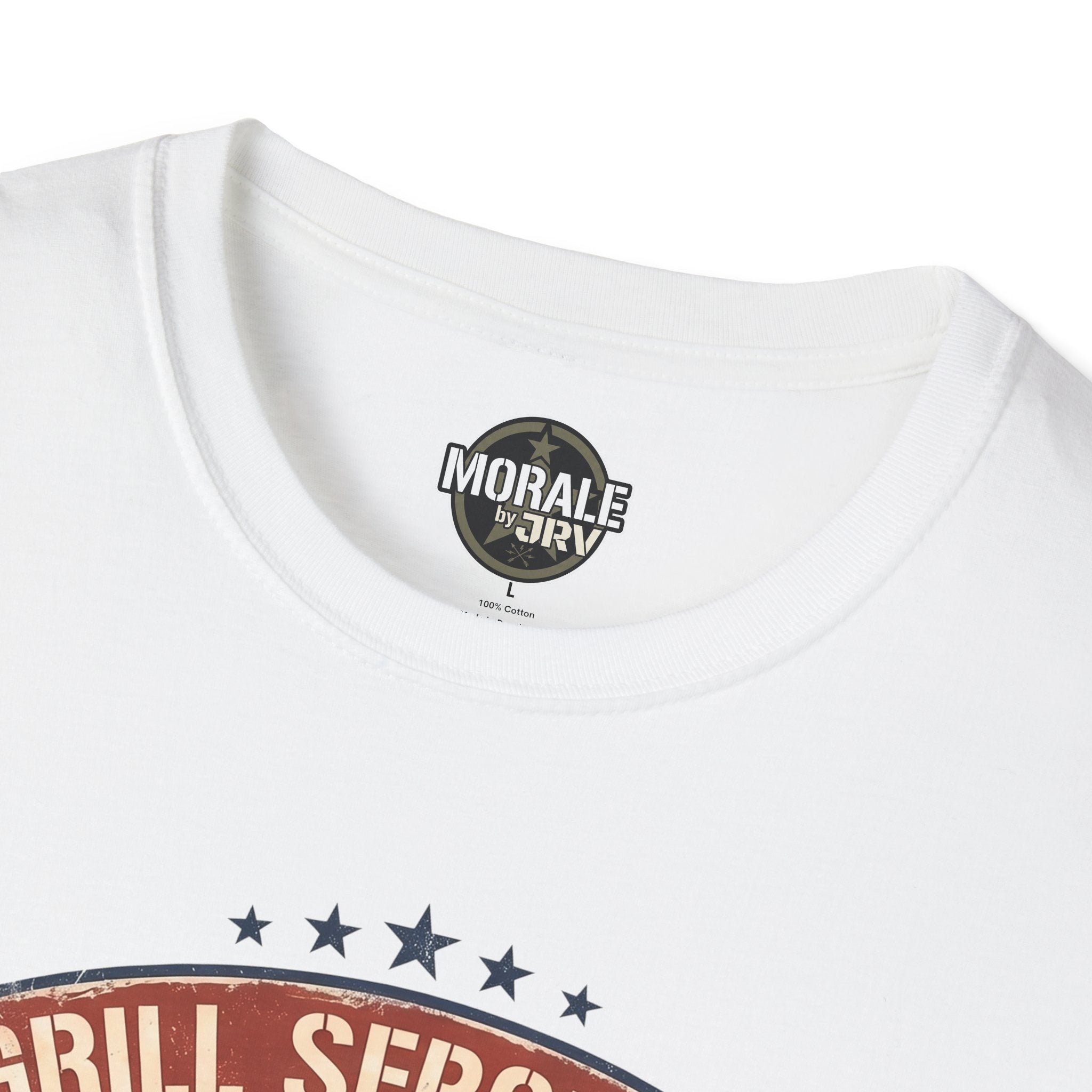 White crewneck T-shirt neckline with small brand label and “GRILL SERGEANT” stars