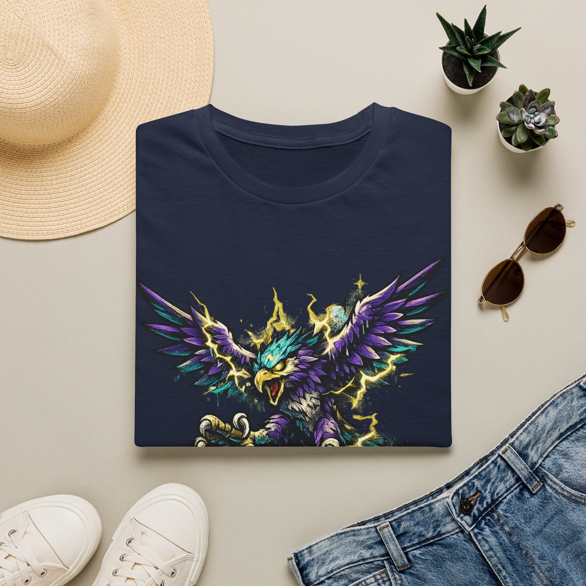 Navy crew-neck T-shirt with colorful mythical lightning bird graphic