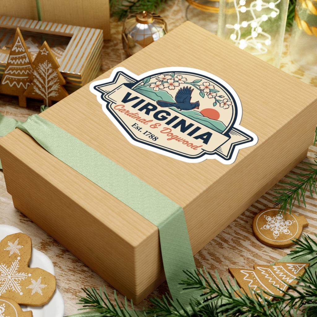 Virginia badge decal on gift box with cardinal, dogwood blooms, and Est. 1788