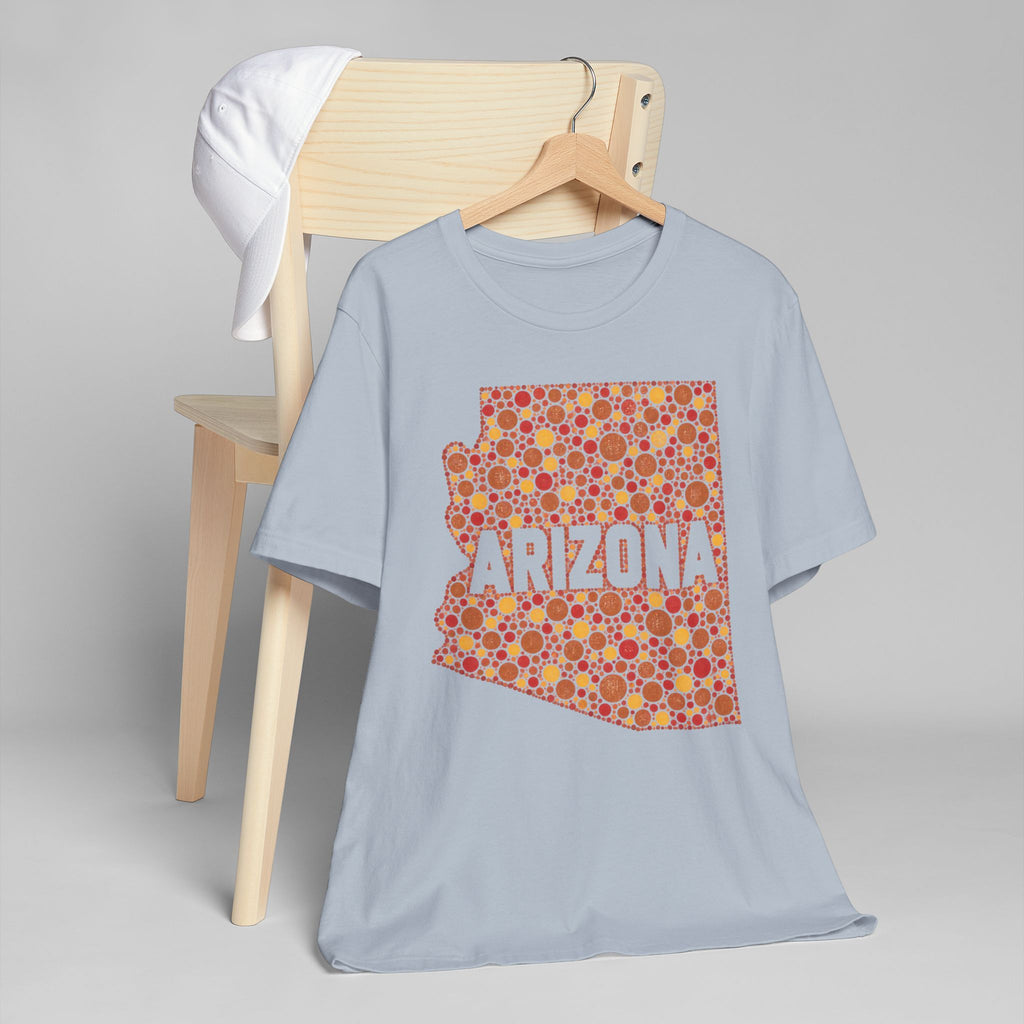 Light blue crewneck T-shirt with red and orange patterned Arizona graphic on front