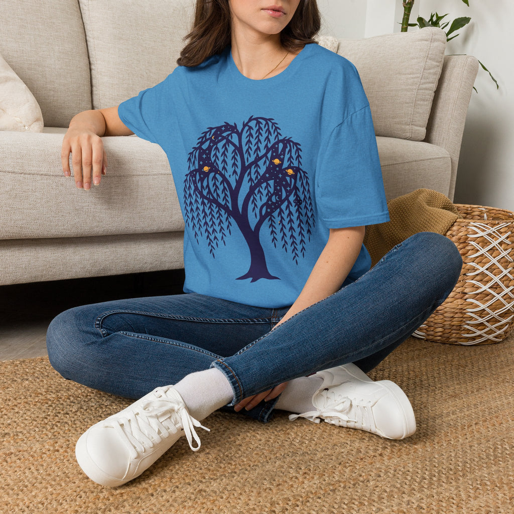 Light blue unisex t-shirt with blue-purple tree graphic on the chest