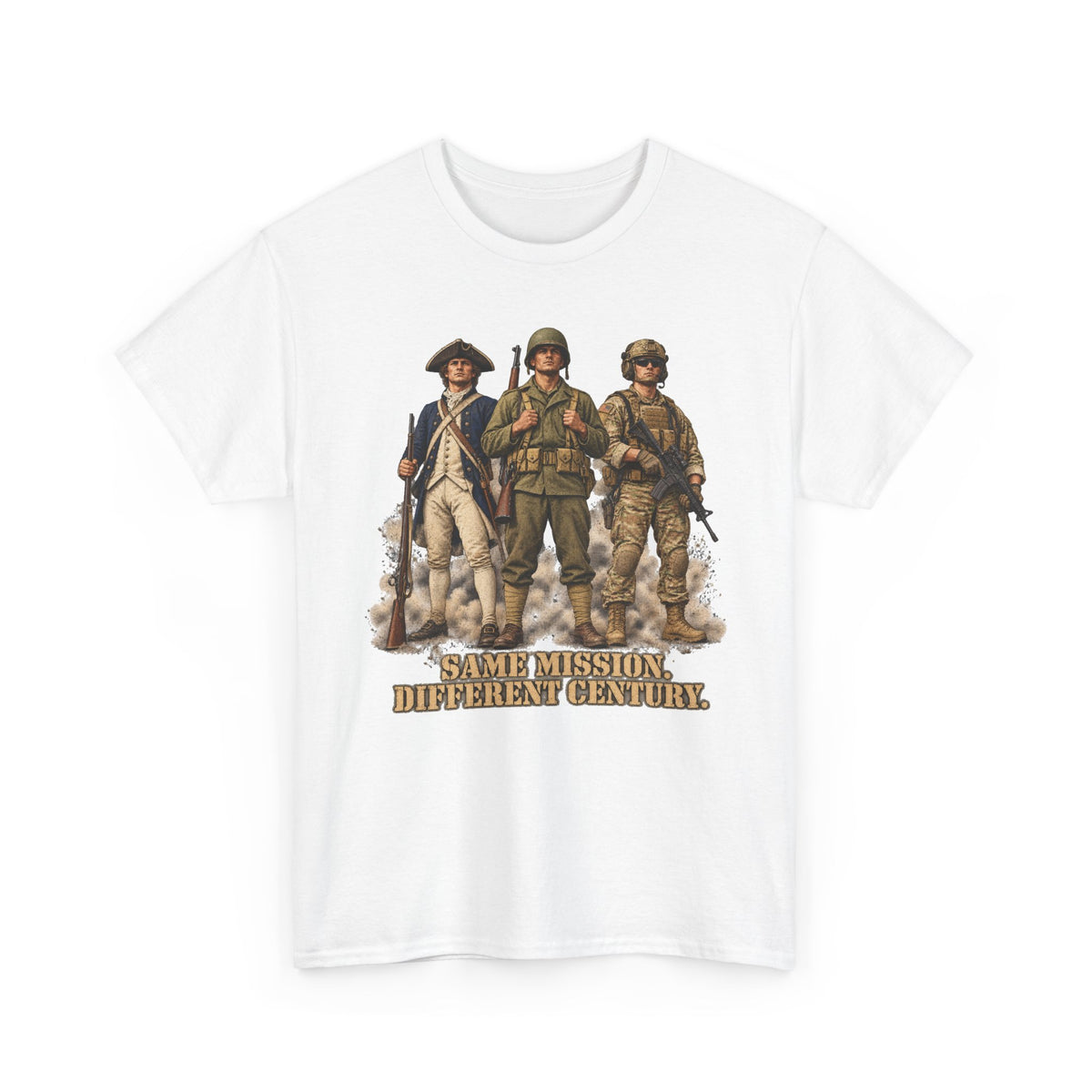 White graphic soldiers T-shirt with bold text "Same Mission Different Century."