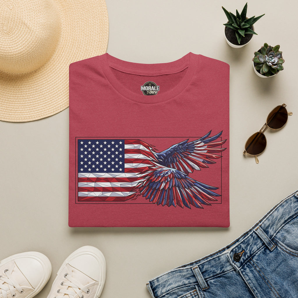 Maroon crewneck T-shirt with American flag eagle graphic on the chest
