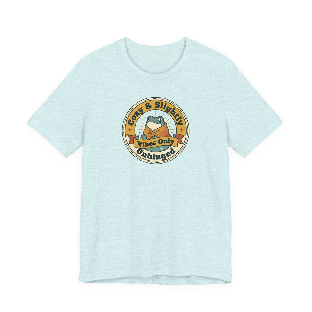 Light blue sloth graphic T-shirt with round badge emblem on chest