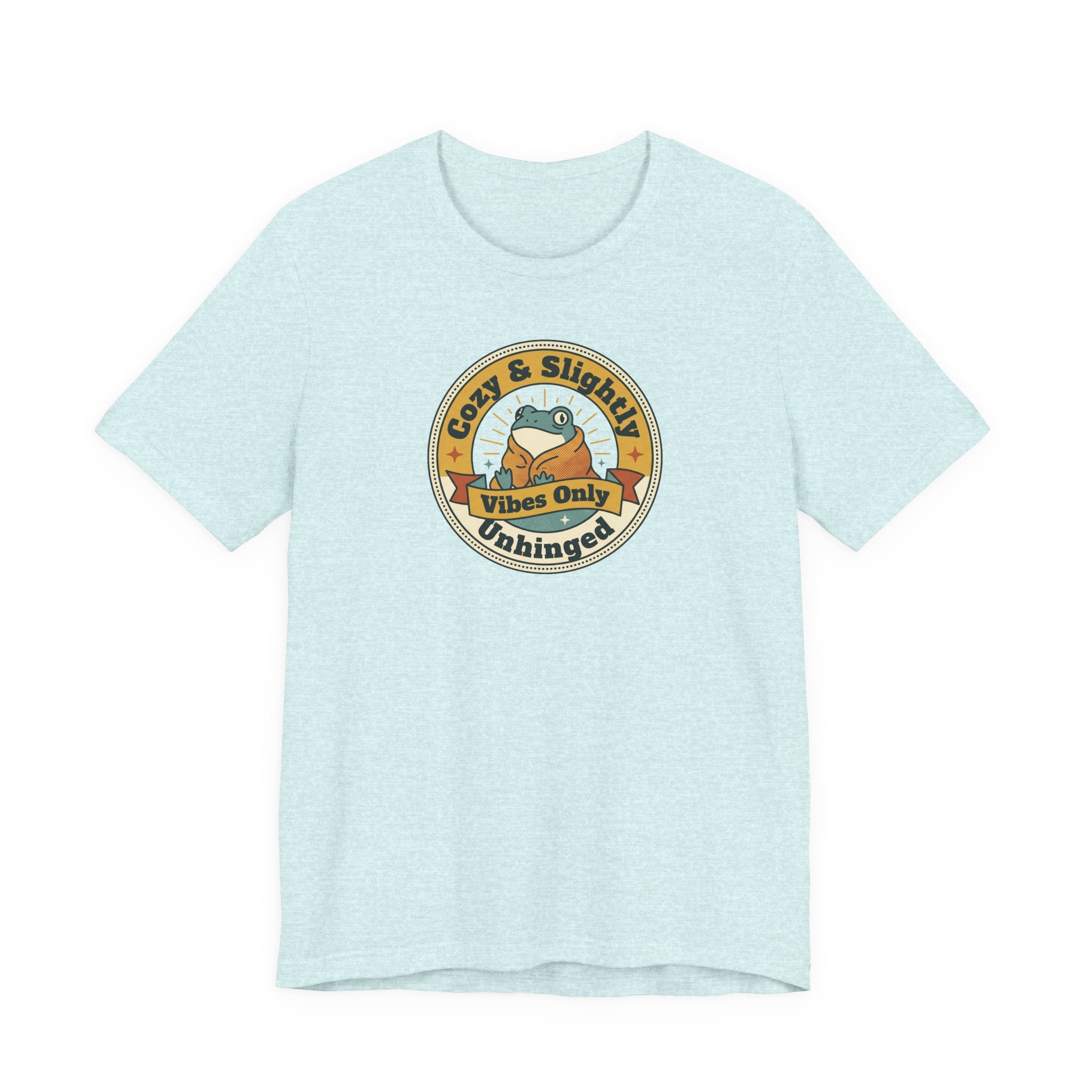 Light blue sloth graphic T-shirt with round badge emblem on chest