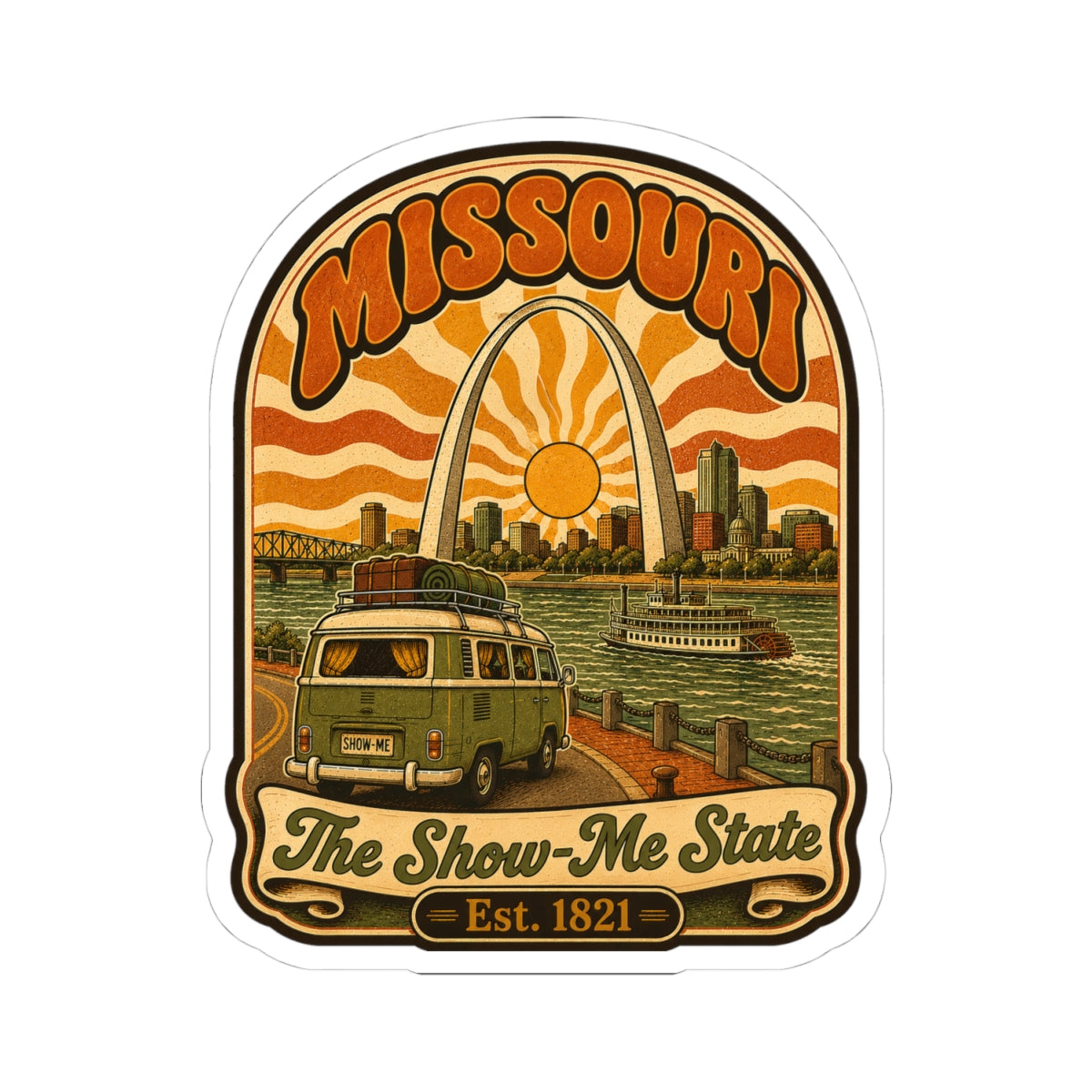 Missouri retro roadtrip die-cut sticker with archway sun, bus, riverboat, and “Est. 1821”