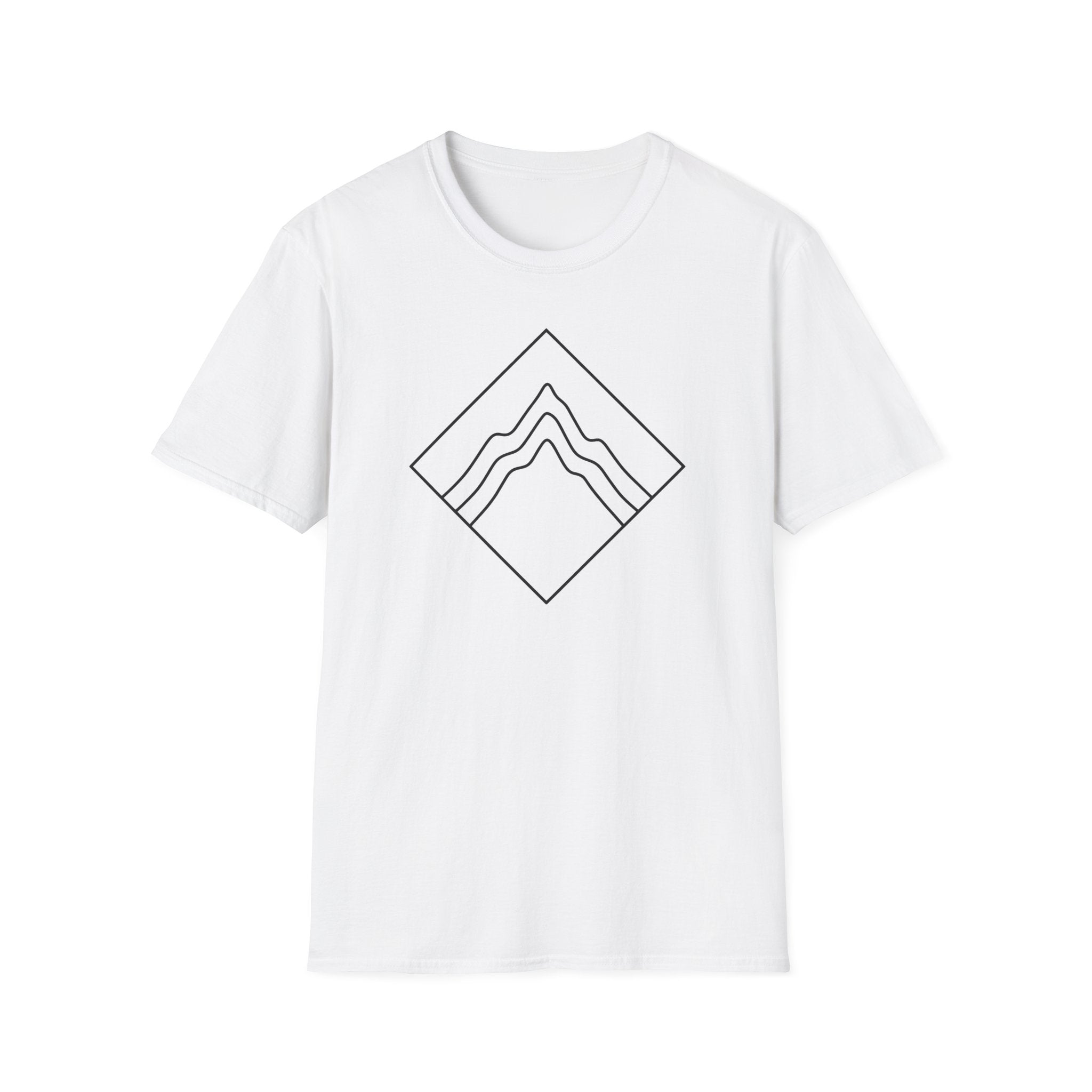 White T-shirt with diamond mountain line-art badge graphic