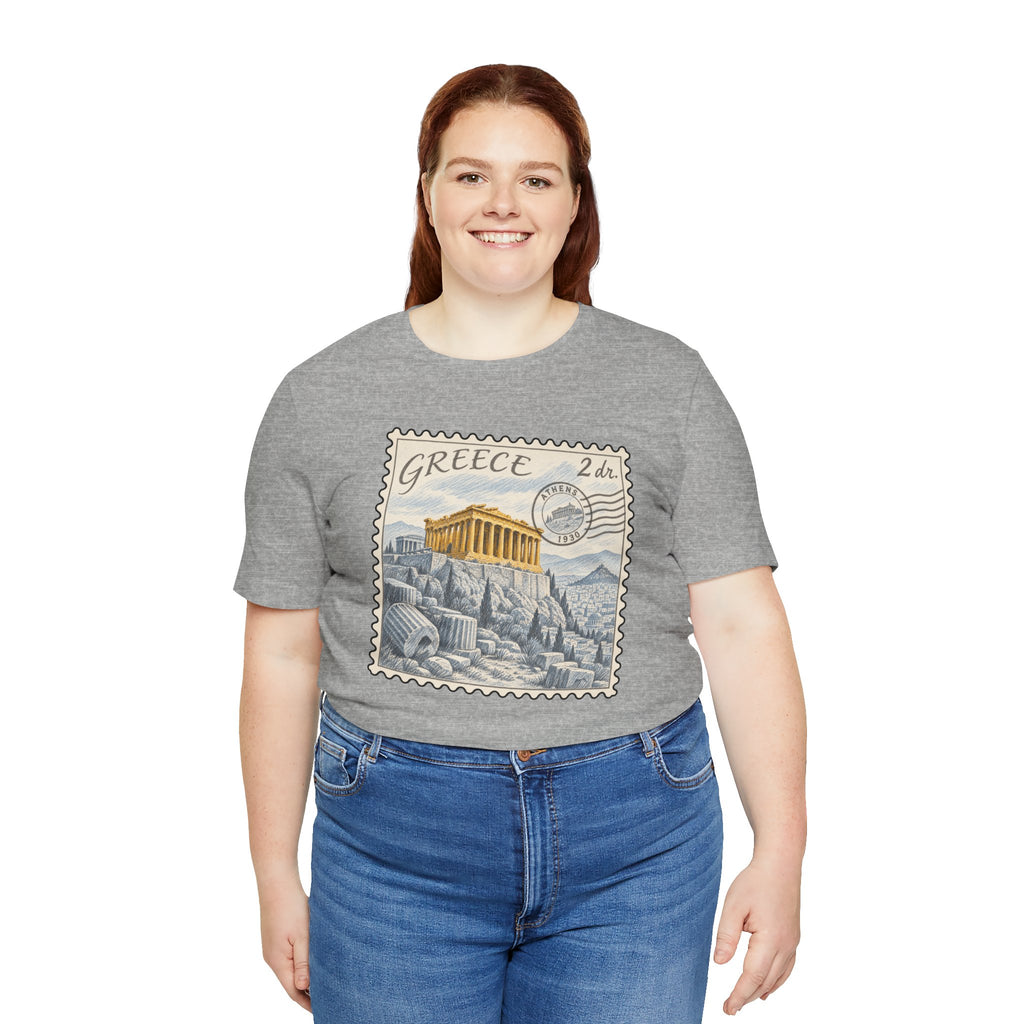 Heather gray crewneck T-shirt with Greece postage-stamp graphic print