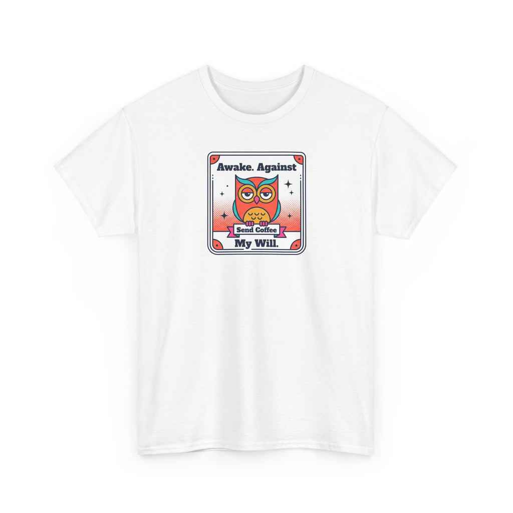 White T-shirt with square graphic showing cartoon face and text at chest.