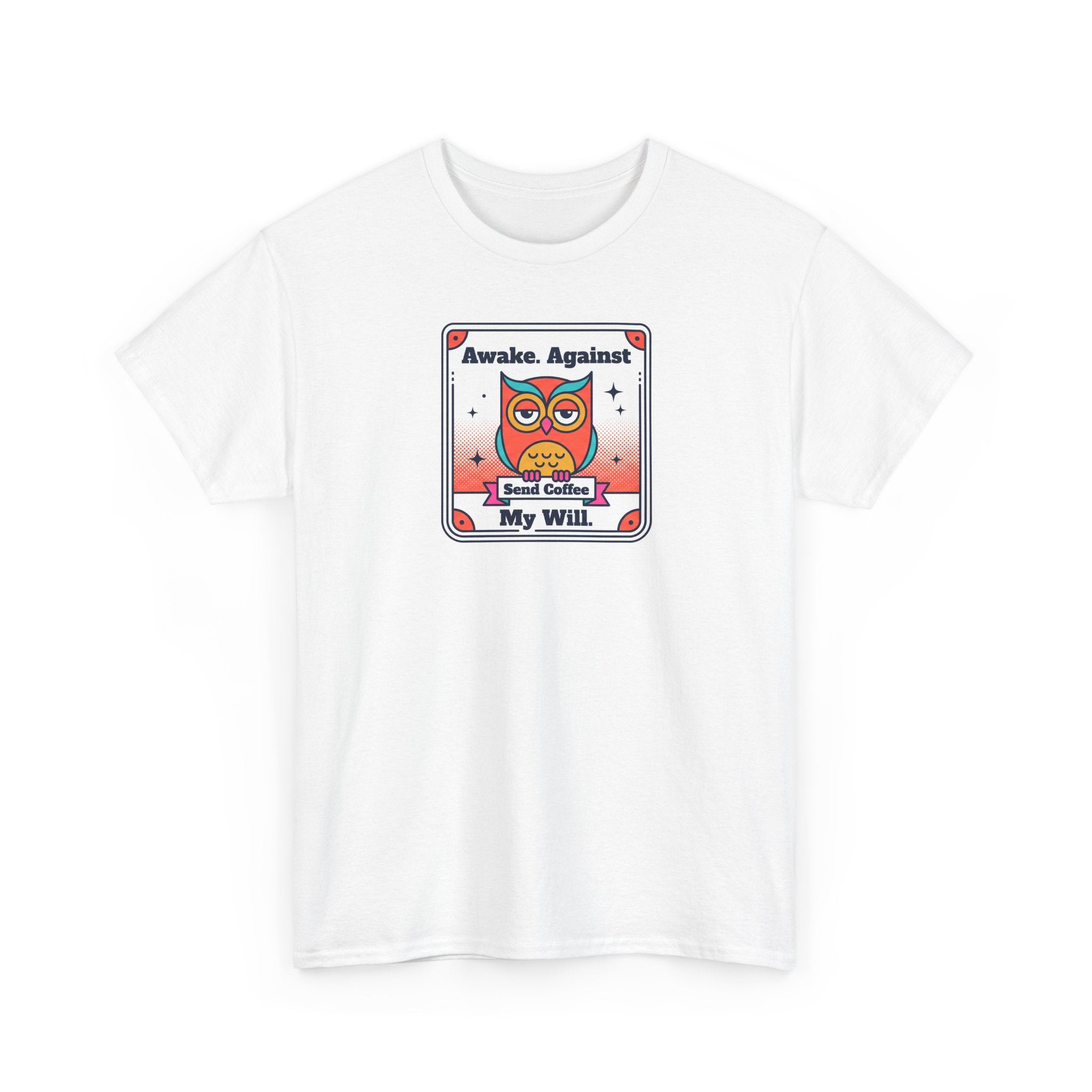 White T-shirt with square graphic showing cartoon face and text at chest.