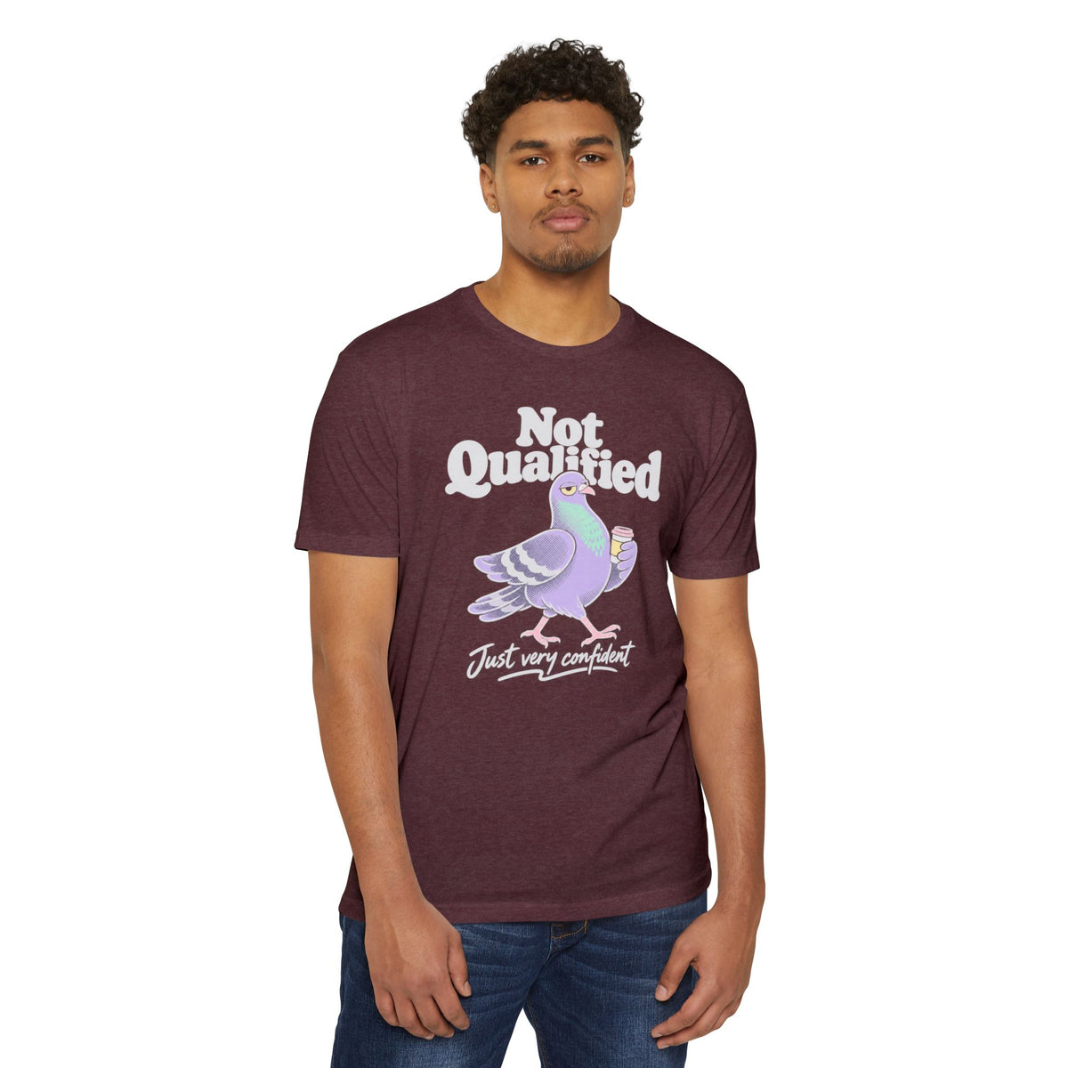 Dark maroon crew-neck T-shirt with "Not Qualified" pigeon graphic
