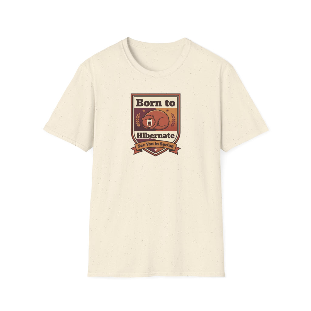 Cream crewneck T-shirt with Born to Hibernate bear logo graphic
