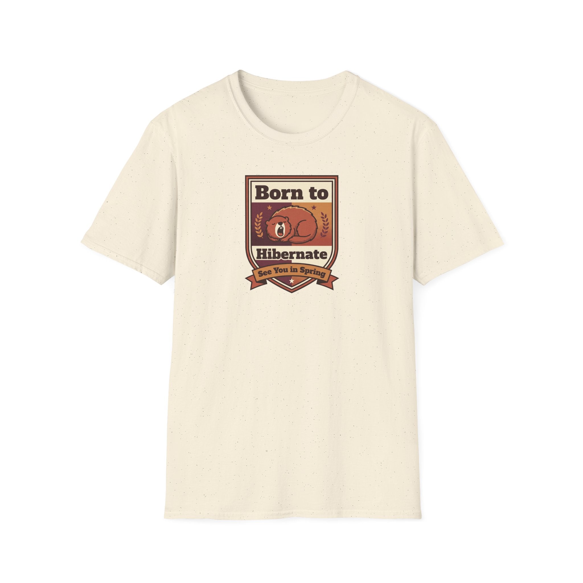 Cream crewneck T-shirt with Born to Hibernate bear logo graphic