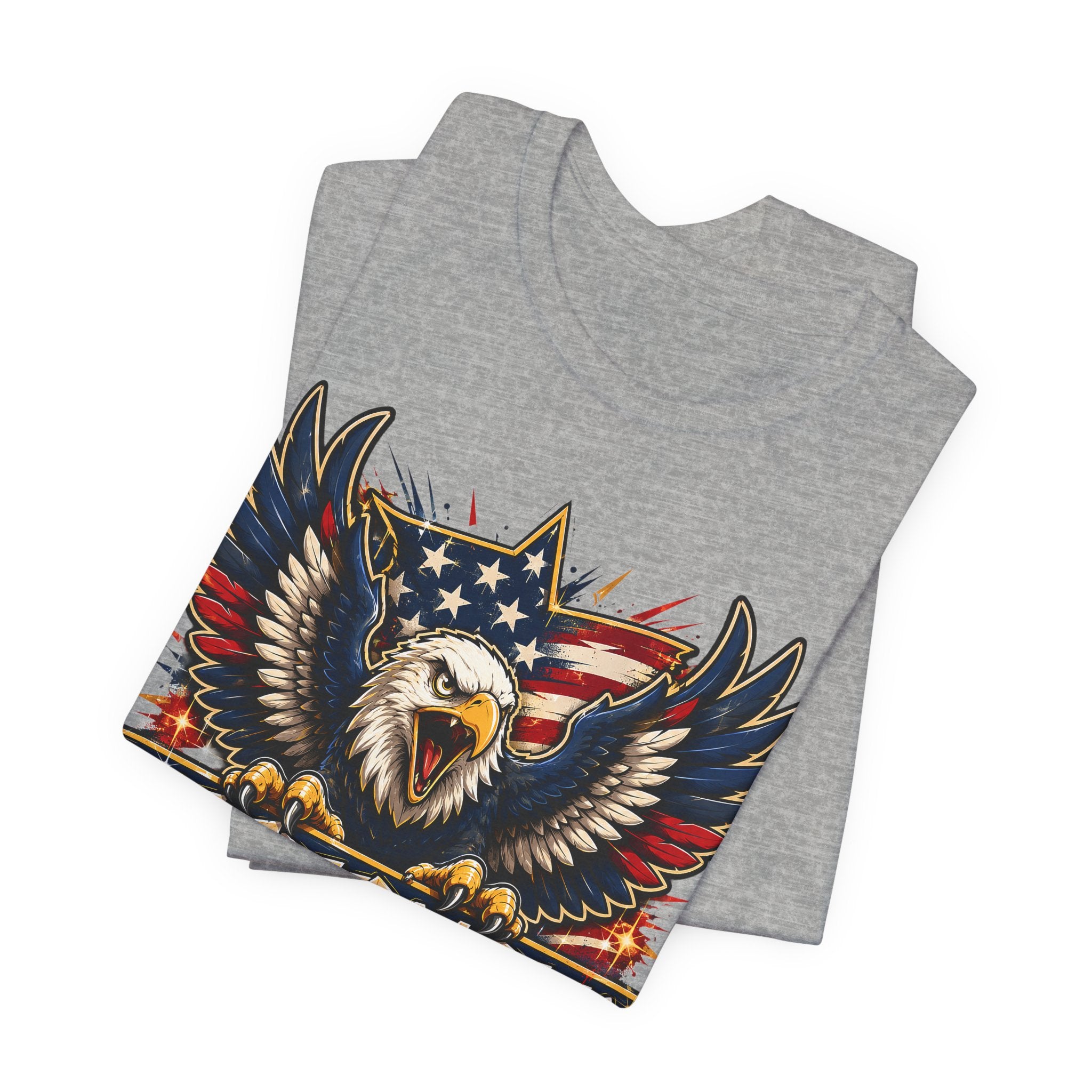 Heather gray graphic T-shirt with bald eagle wings and stars-and-stripes patriotic banner