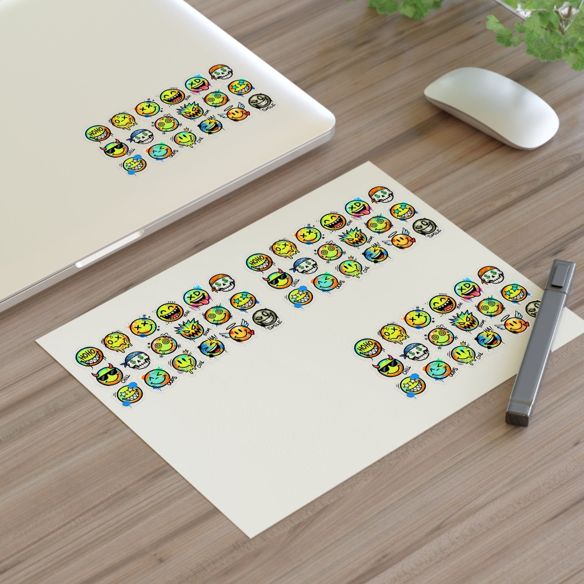 Emoji face sticker sheet with die-cut icons, pastel colored faces on a white sheet