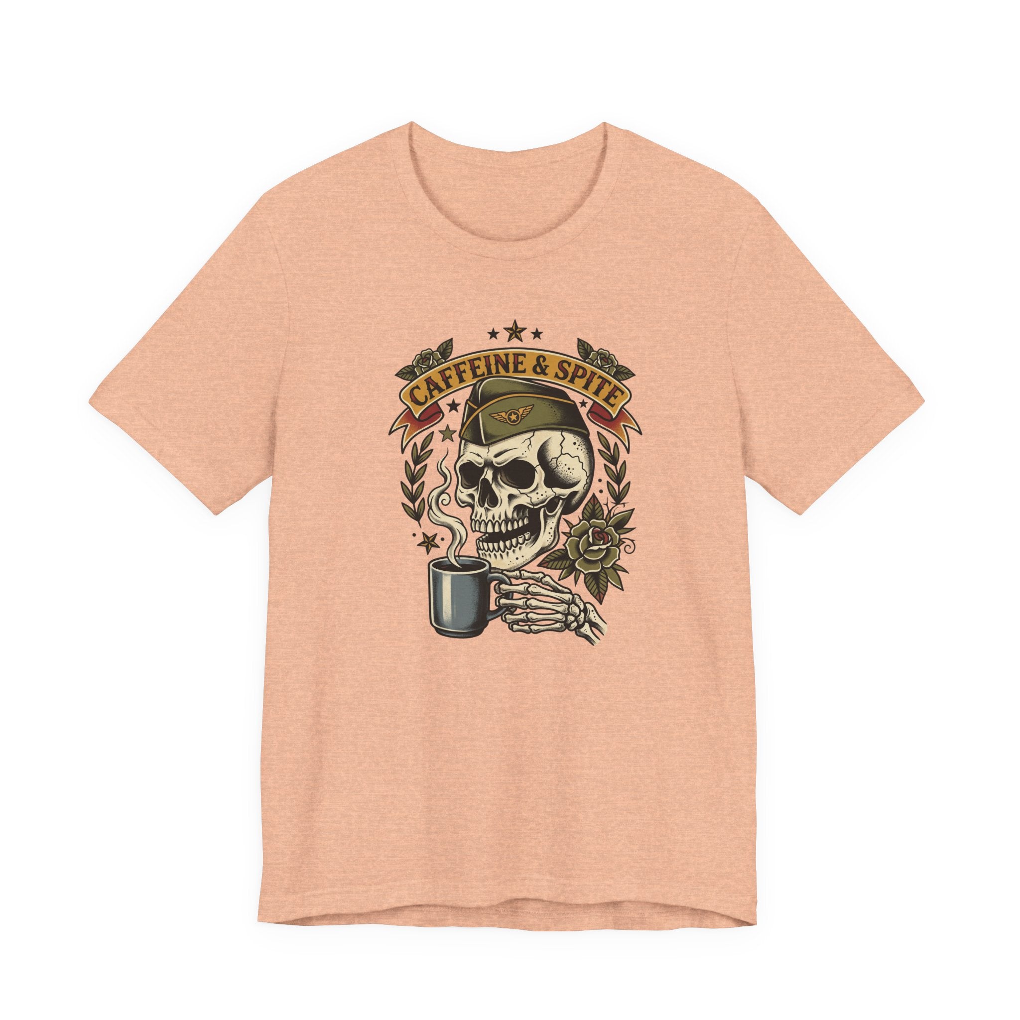 Peach T-shirt with skull holding coffee mug graphic in green and gold