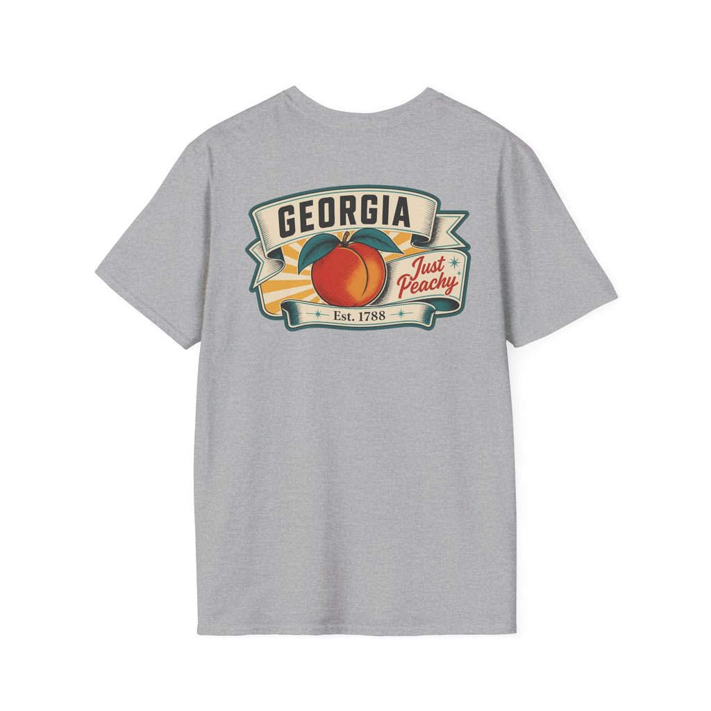 Gray T-shirt with Georgia badge logo and peach fruit graphic on front