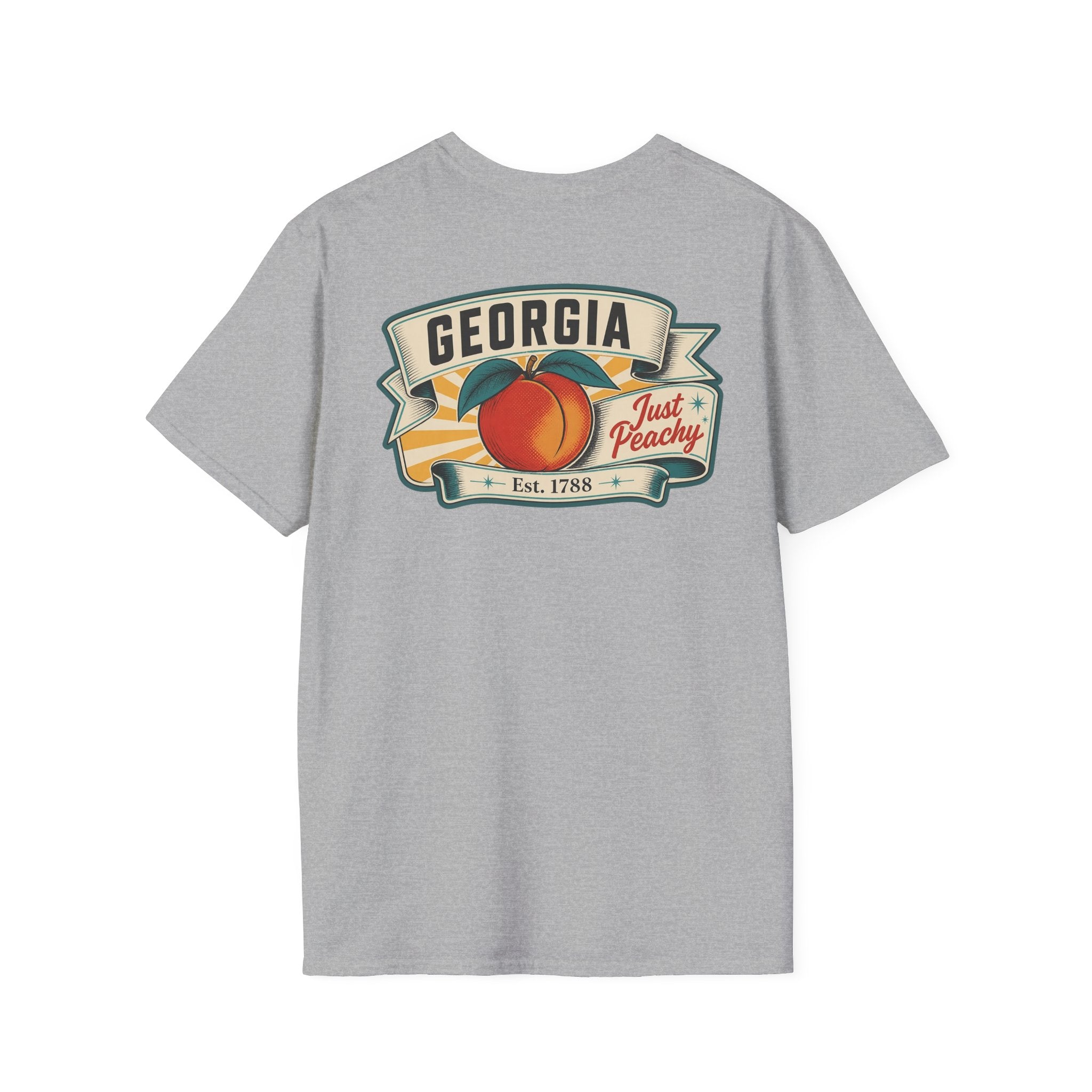 Gray T-shirt with Georgia badge logo and peach fruit graphic on front