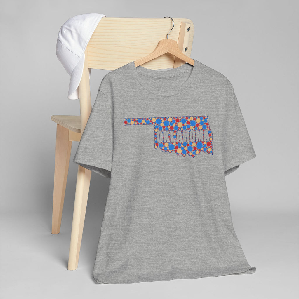 Heather gray T-shirt with colorful Oklahoma outline floral graphic and Oklahoma text