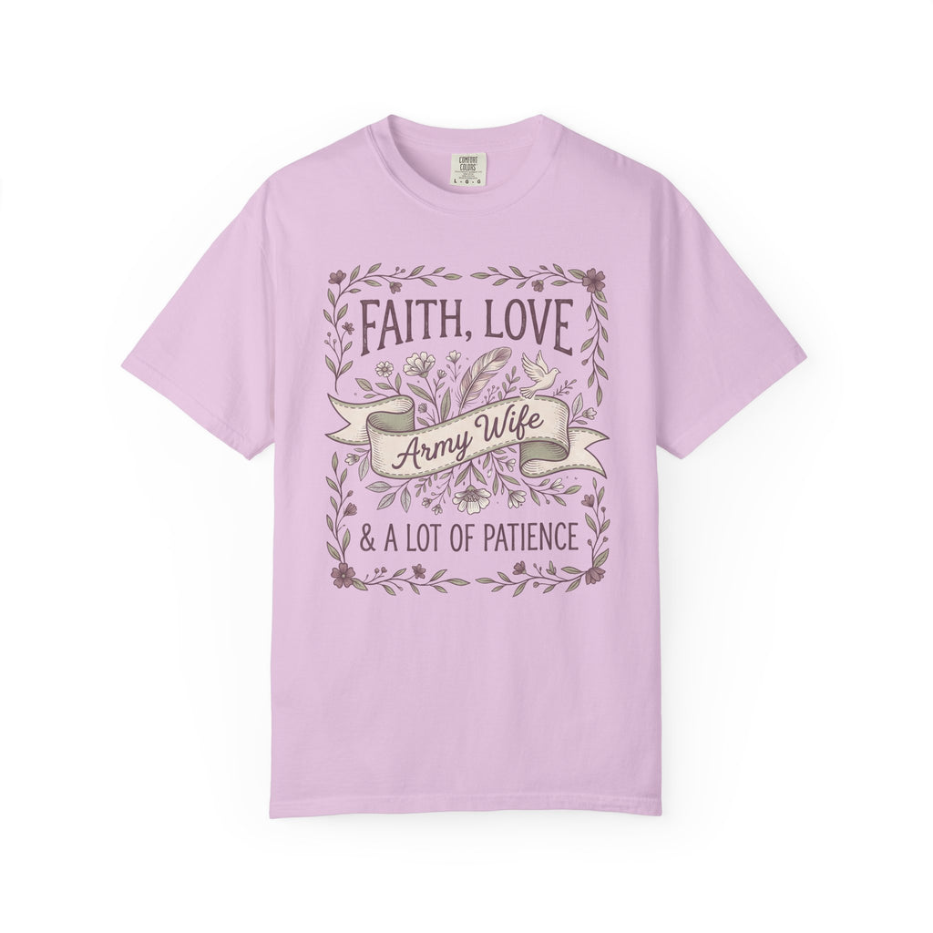 Light purple crewneck T-shirt with floral 'Faith, Love' and 'Army Wife' ribbon graphic.