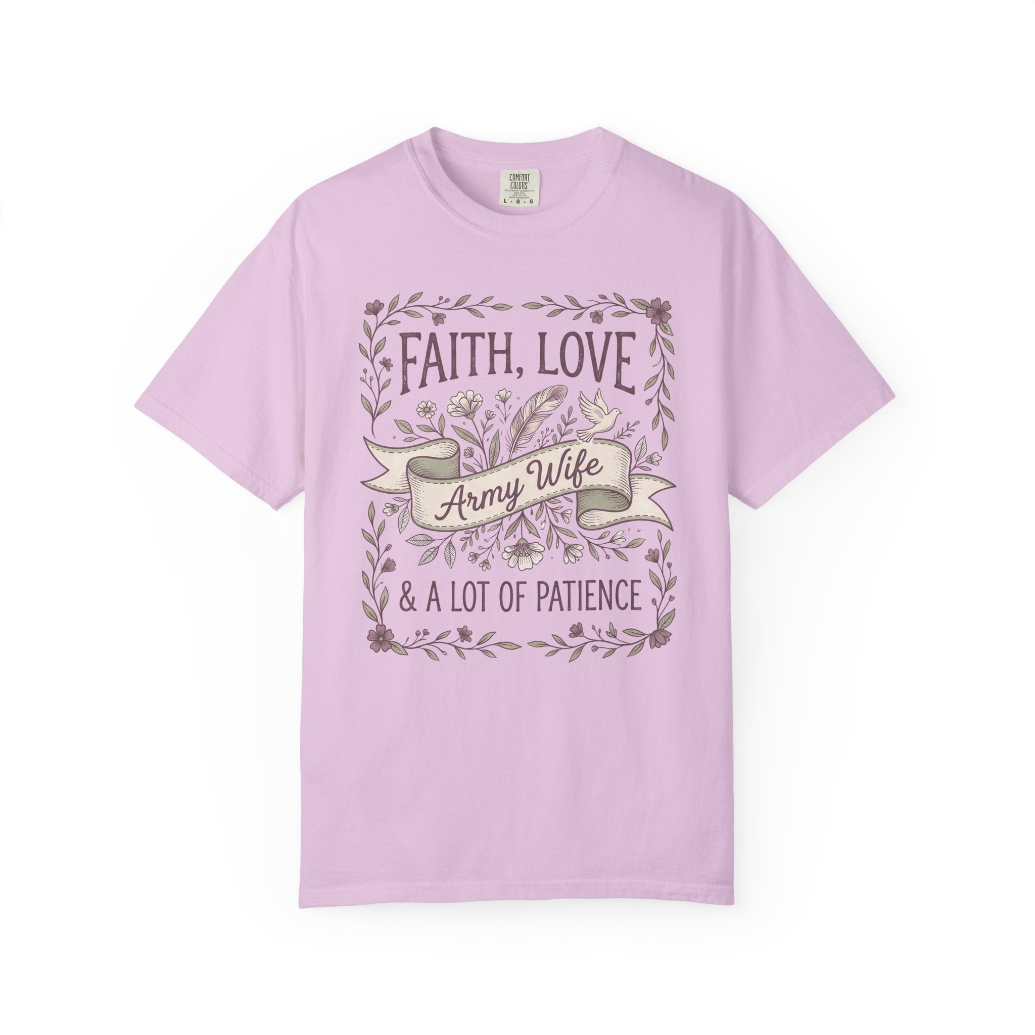 Light purple crewneck T-shirt with floral 'Faith, Love' and 'Army Wife' ribbon graphic.