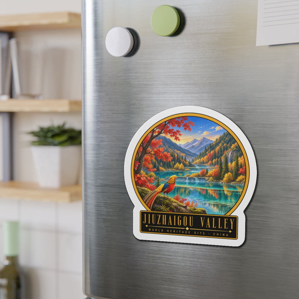 Die-cut vinyl magnet with circular framed autumn mountain-and-lake scene and bird