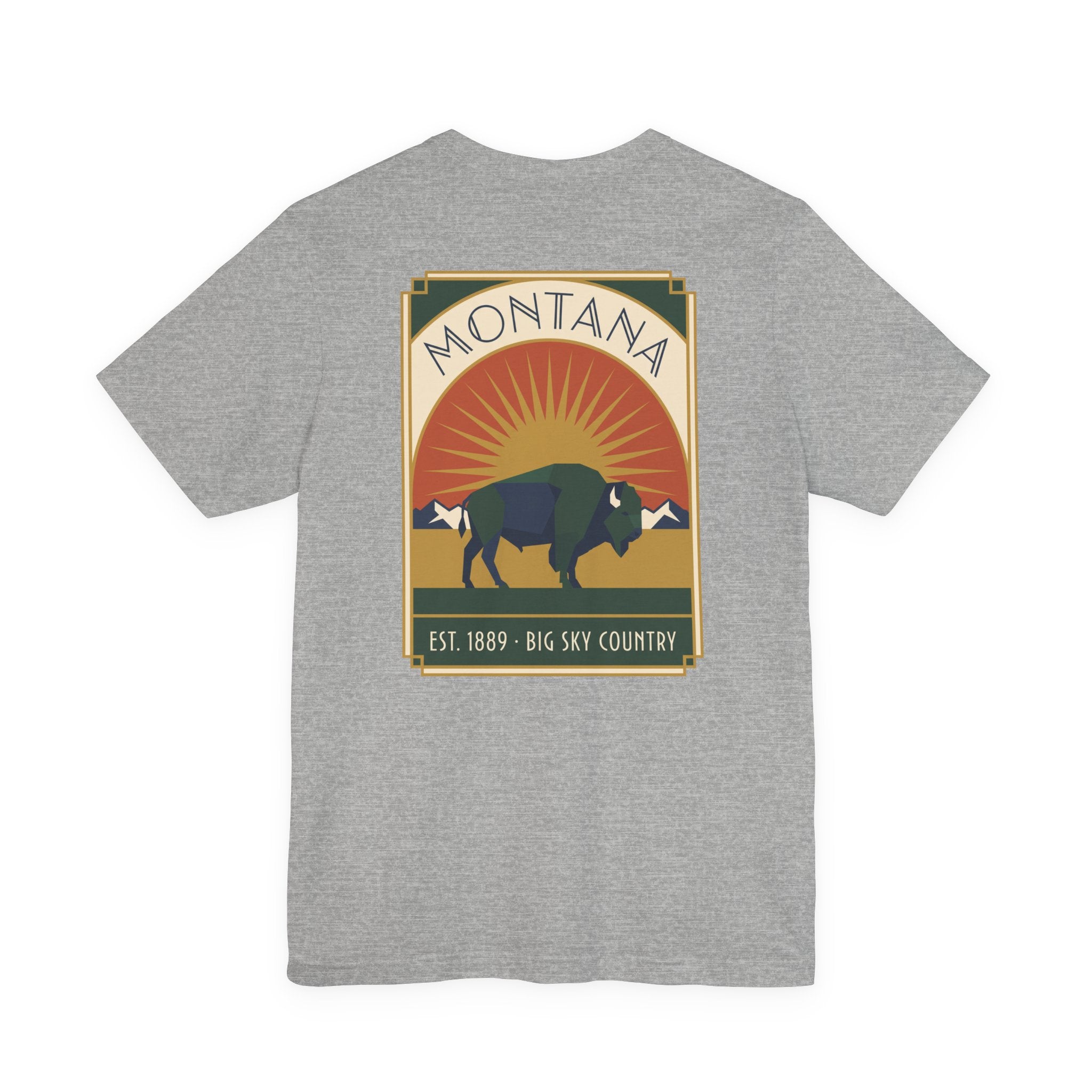 Gray T-shirt with Montana square logo, bison and sunrise graphic
