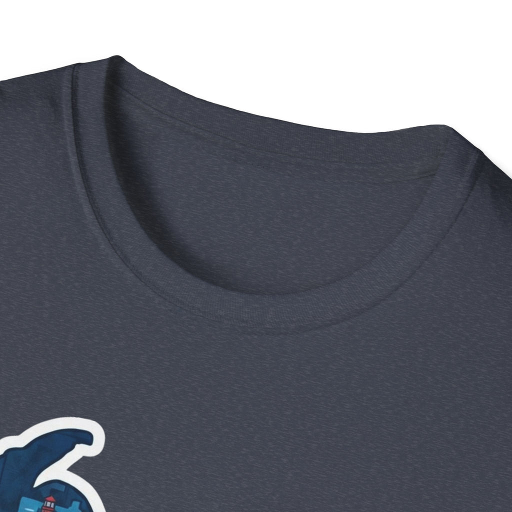 Michigan map graphic T-shirt in dark heather blue-gray close-up of crew neck and print
