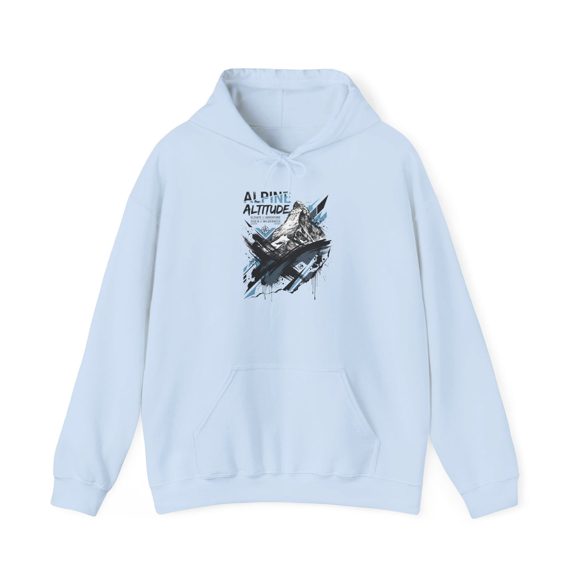 Light blue hoodie with front mountain peak graphic and drawstring hood