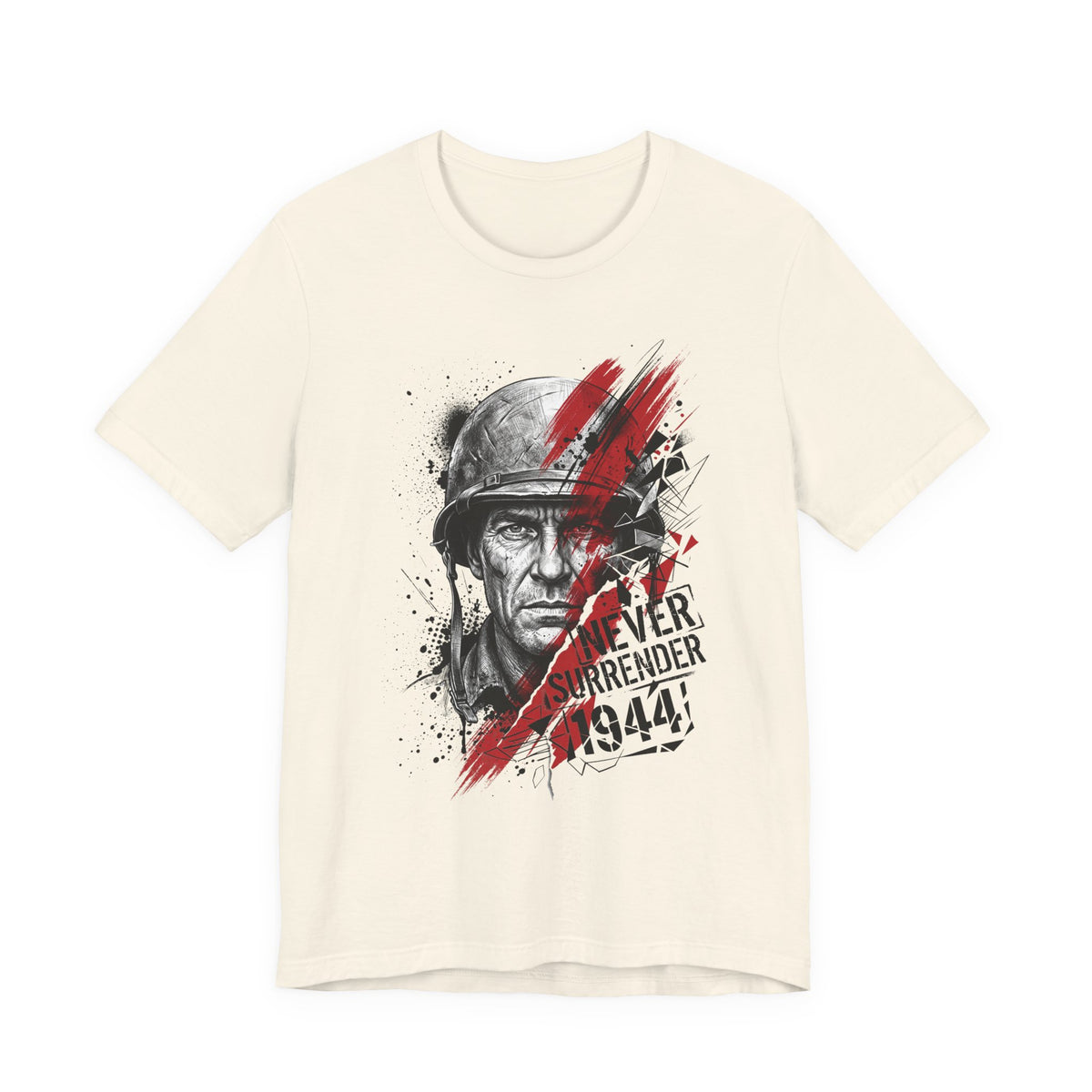 Cream crewneck t-shirt with WWII veteran portrait graphic in red and black