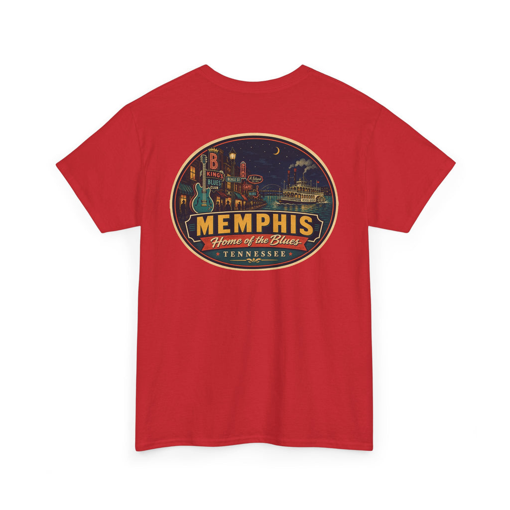 Red crewneck T-shirt with Memphis luggage-tag skyline graphic logo