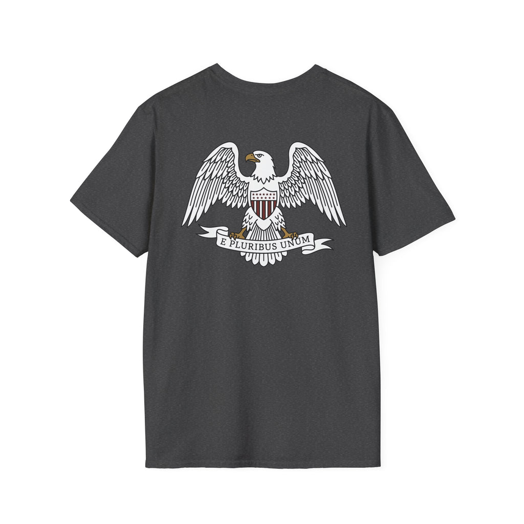 Dark gray graphic t-shirt with bald eagle shield crest and “E Pluribus Unum” text