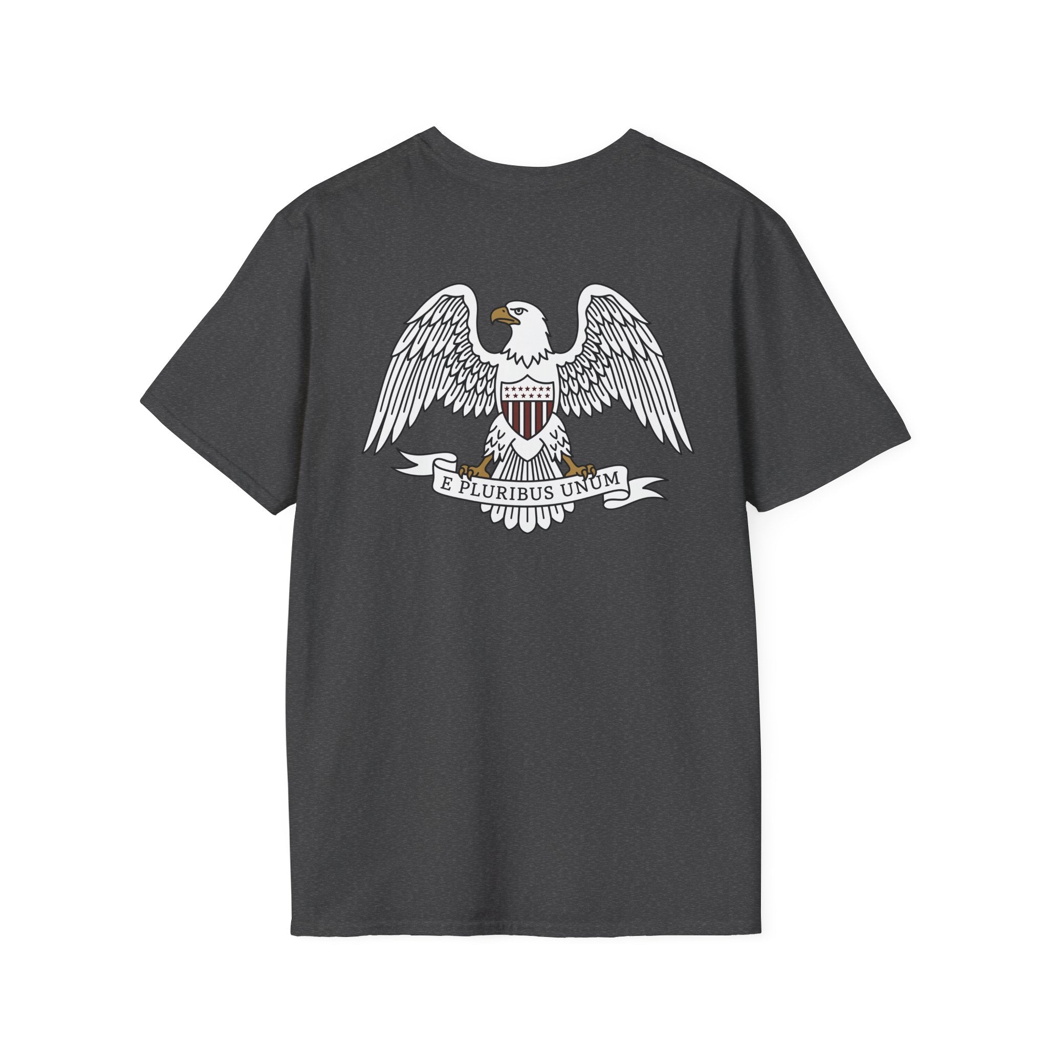 Dark gray graphic t-shirt with bald eagle shield crest and “E Pluribus Unum” text