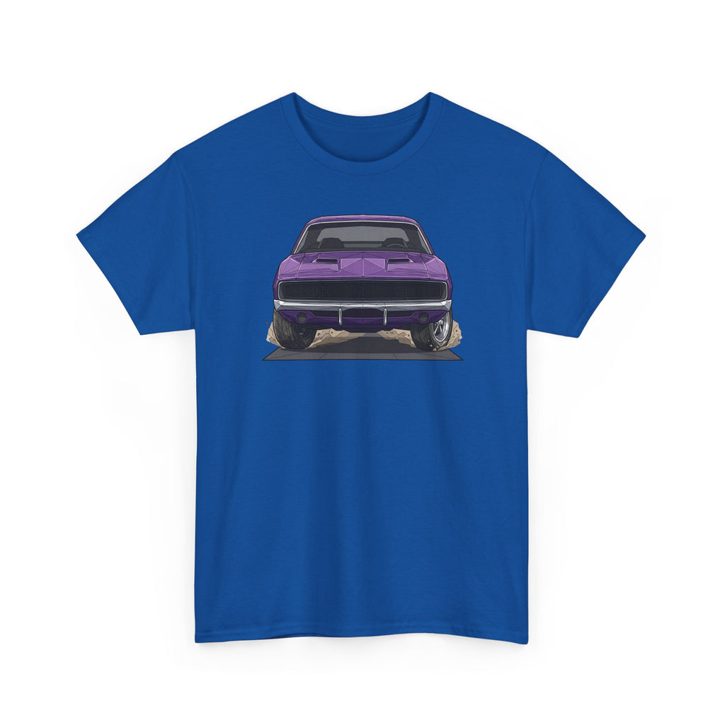 Royal blue short-sleeve T-shirt with purple retro car graphic centered on front