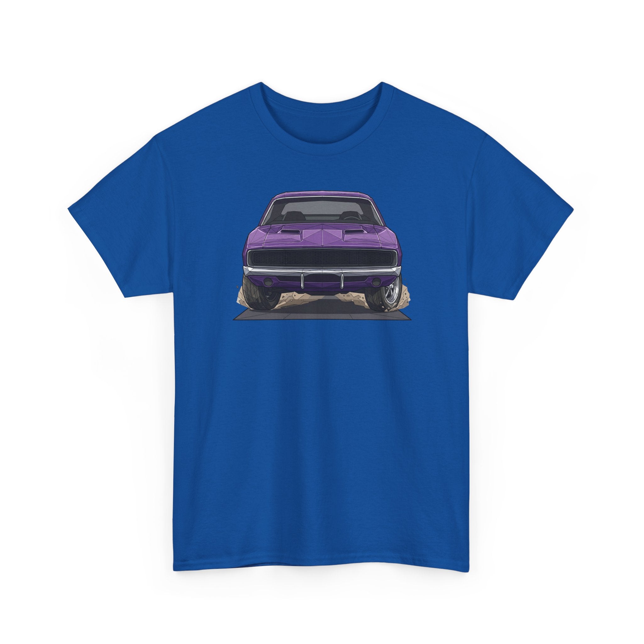 Royal blue short-sleeve T-shirt with purple retro car graphic centered on front