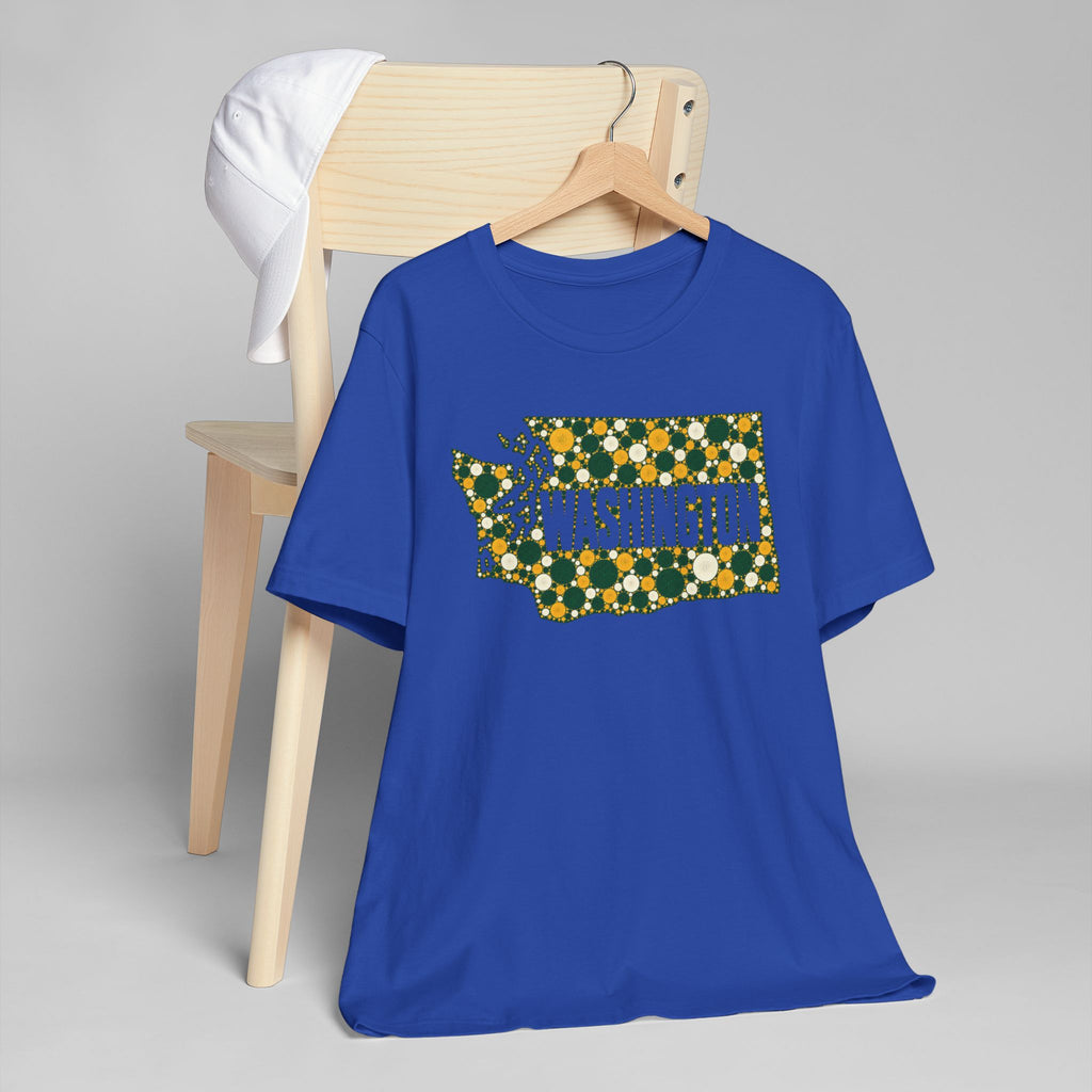 Royal blue crewneck T-shirt with colorful Washington graphic print on chest