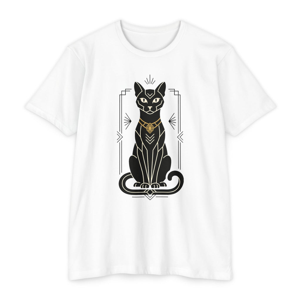 White unisex t-shirt with black Egyptian cat illustration graphic