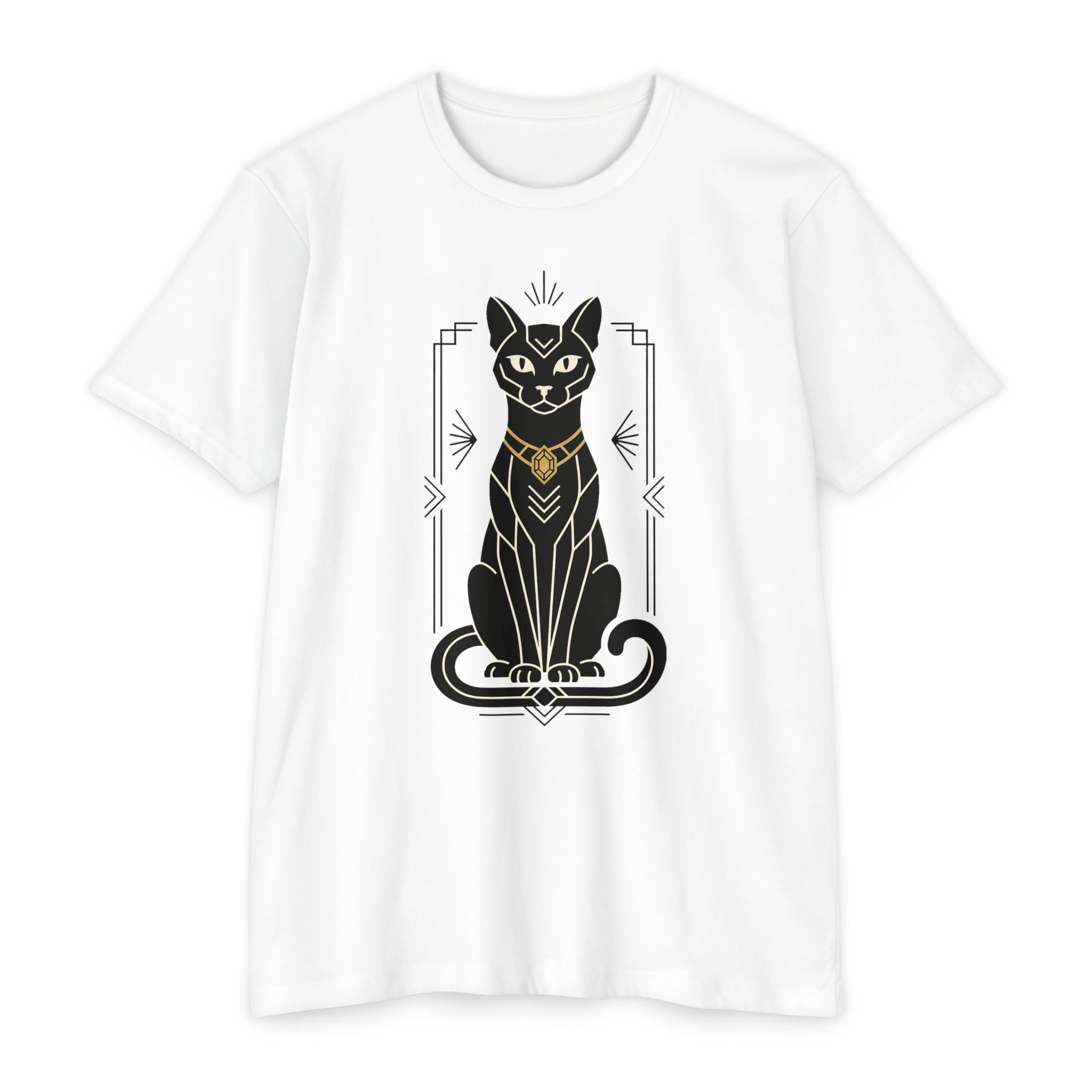 White unisex t-shirt with black Egyptian cat illustration graphic