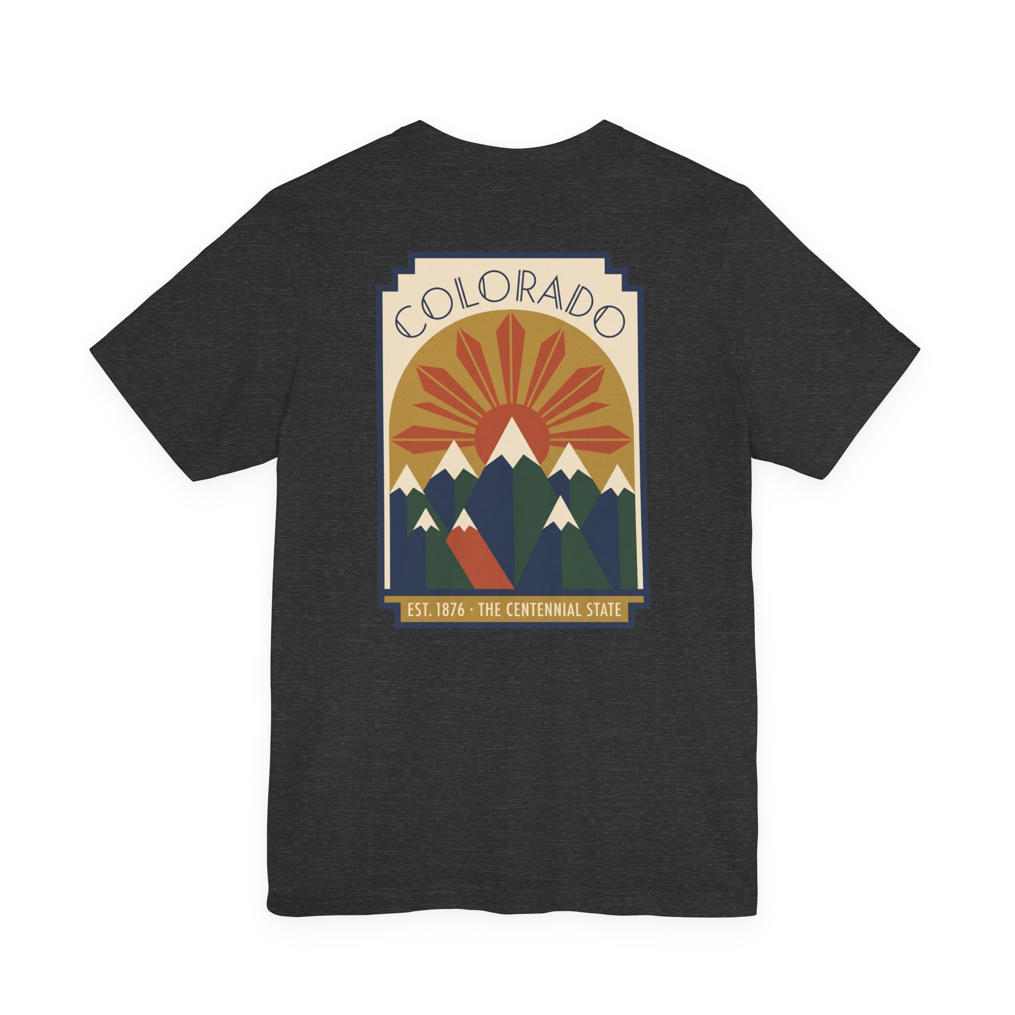 Dark charcoal T-shirt with Colorado sunset mountain graphic front print